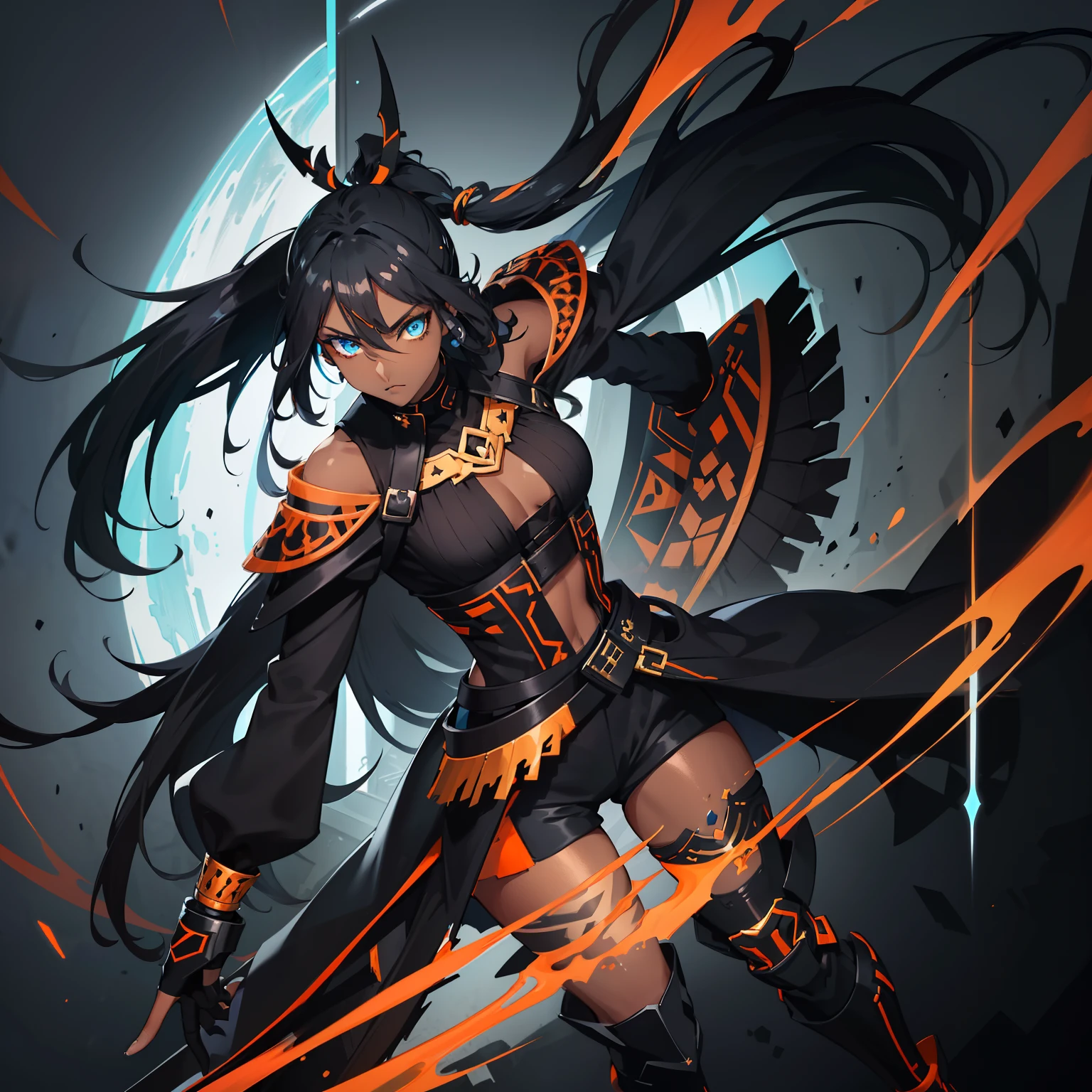 1girl , (((Dark Skin)))), Black Hair with Ponytail, (((Blue Eyes))), ((Black Metallic Gauntlets and Greaves with Orange and Silver Highlights)), (((The Clothes Have a Mix of Modern and Tribal))), (((The Clothes Have a Mix of Modern and Tribal))), having mostly the color black, but having parts in orange, shoulders exposed, at the hip a shorts that extend to half of the thigh of black color. ((Black Overcoat with a orange inner part)) absurd res, best res, high res, best face, best eyes