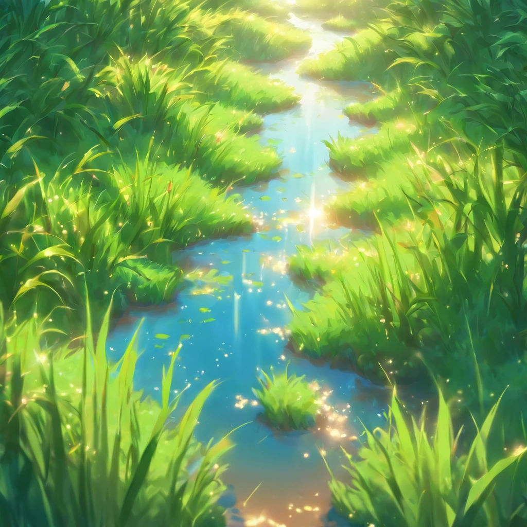best quality,ultra-detailed,realistic
close up view of rice field,green rice stalks,rippling water reflection,blue sky with fluffy clouds,sunlight filtering through the leaves