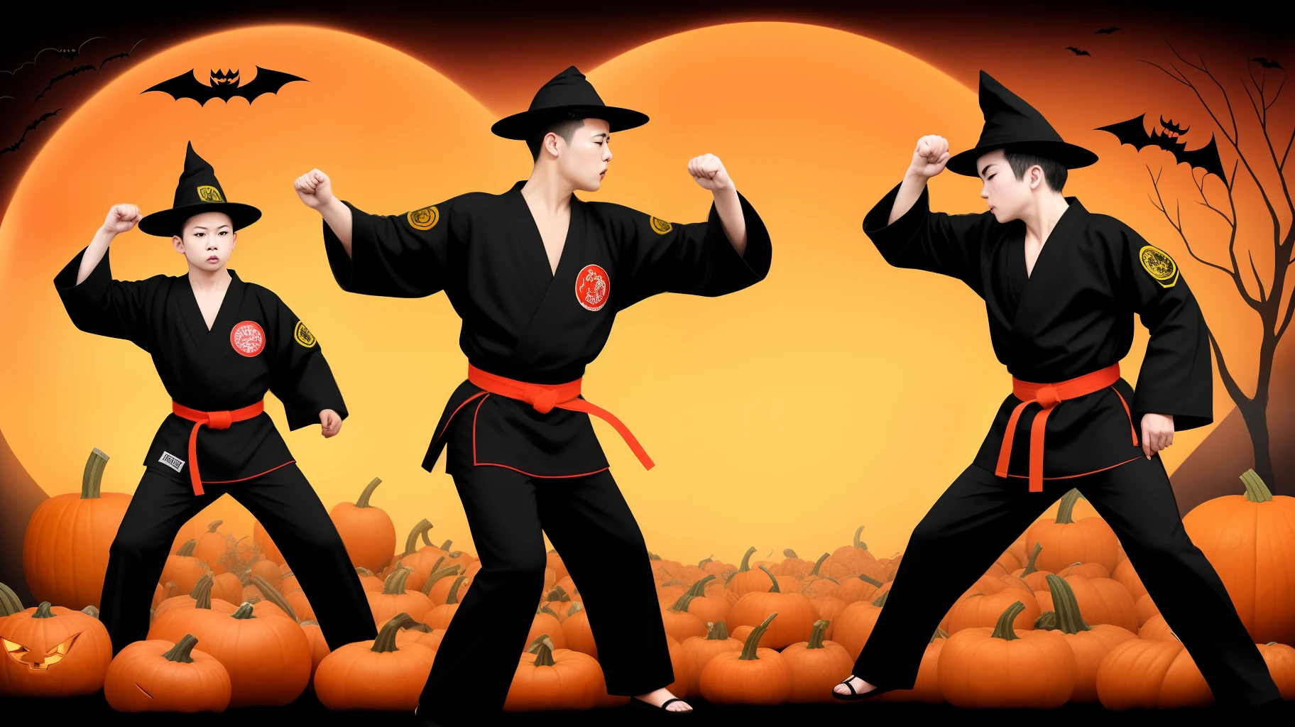 Create a martial arts related, happy Halloween picture. Have students in black uniforms with kicks and punches pumpkins, witches, ghosts, vampires, zombies, etc..