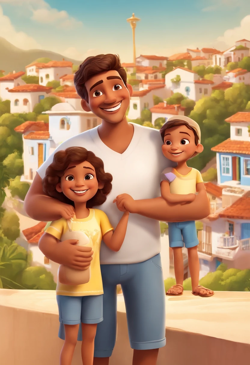 I would like a 3D Disney Pixar movie poster man, white, 35 years old, with a low beard and stubble, low cut hair, small eyes, smiling, with a flat nose, with a white shirt without a tie, Brazilian, humble, brown color , taking a selfie. This man is close to a family, 2 children, father and mother, and one of the children must hold a credit card. Everyone is happy and smiling. Against the background of the city of Brazil with houses in the background, natural lighting, a clean and sunny day, with a happy population.