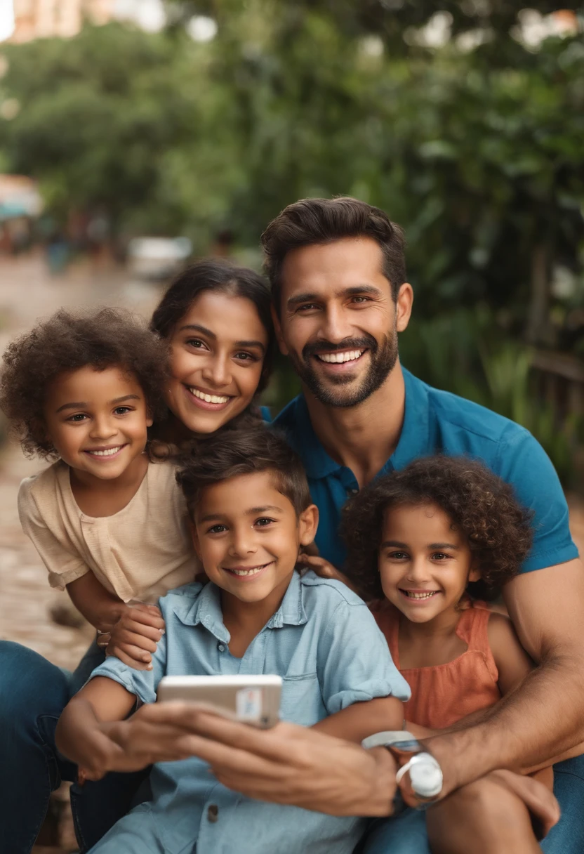 Portrait of a father with his happy family with egg whites and the sun of Rio de Janeiro in Brazil