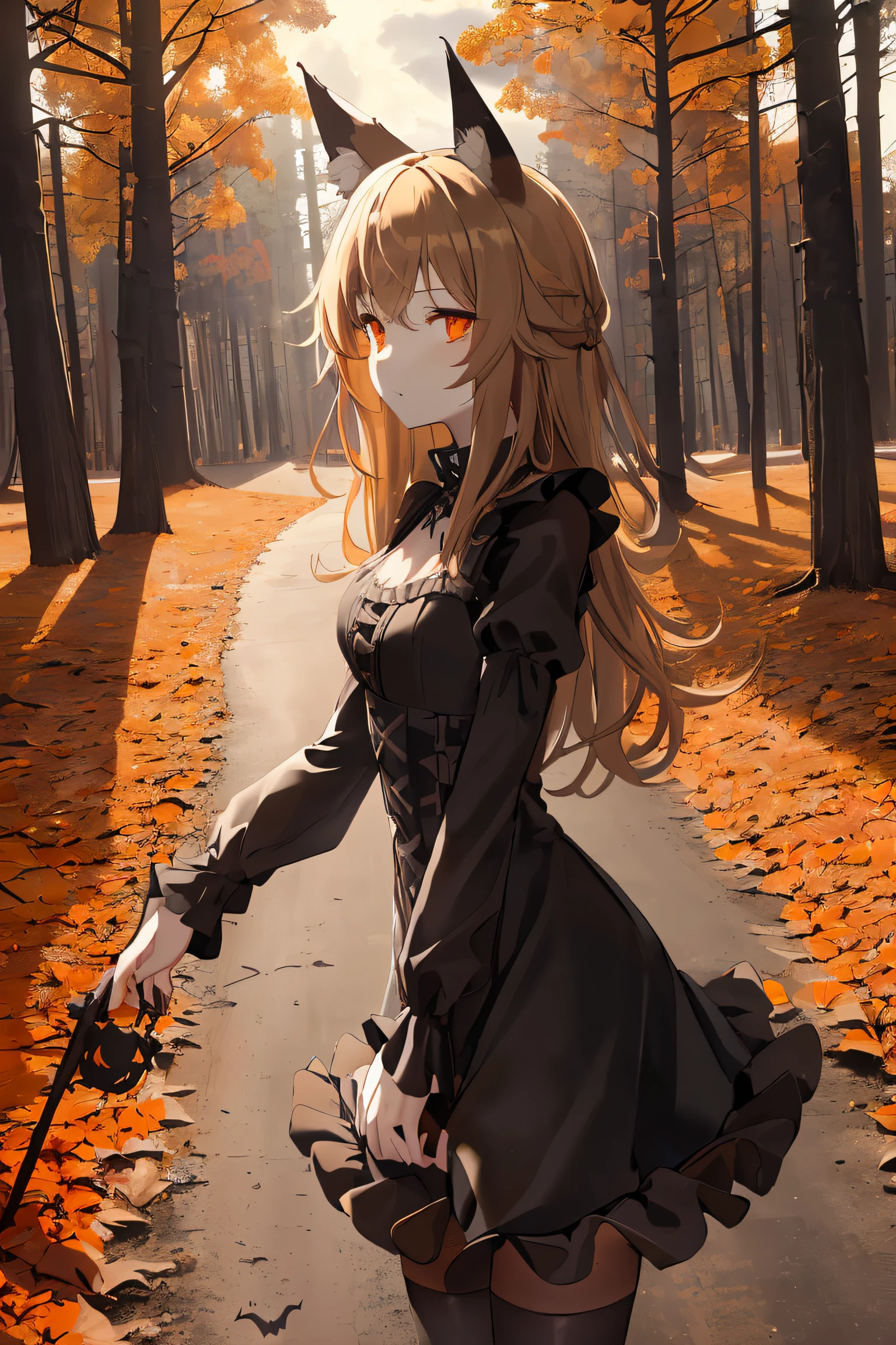 1girl, solo, masterpiece, (tall fit girl:1.3), (long messy beige hair:1.2), wolf ears, orange eyes, small breasts, masterpiece, (full body:1.2), (long black goth tight dress with frills:1.4), (dark, night, horror:1.3), (halloween forest:1.3), paved path, sky, trees, clouds,