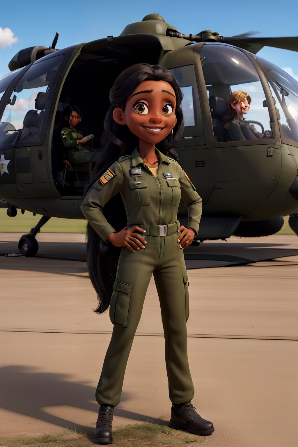 (best quality,photorealistic),woman wearing military green jumpsuit,smiling,42 years old,dark skin,black straight long hair,standing in a hangar with a helicopter in the background