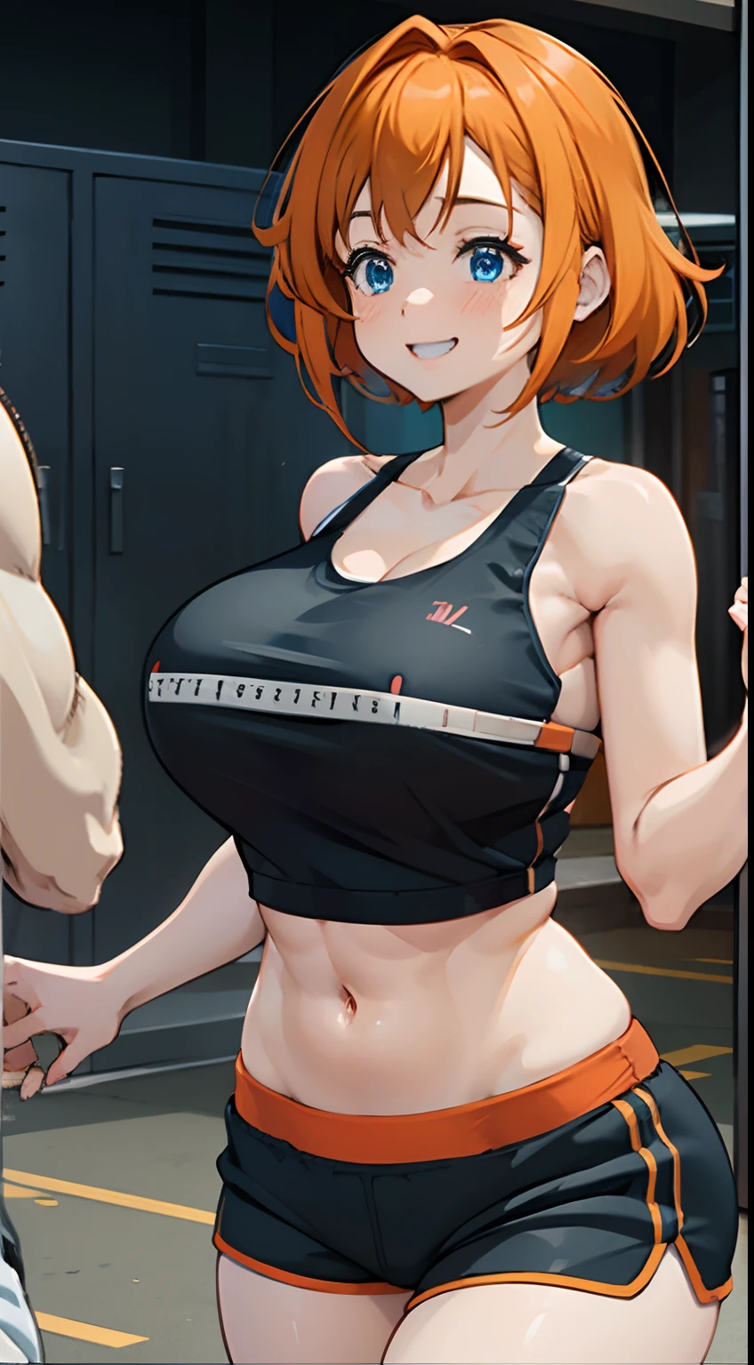 Curvy anime girl, orange hair, single hair antenna, gym shorts, tank top, huge breasts, wide hips, blue eyes, measuring breasts, looking at breasts, big smile, locker room