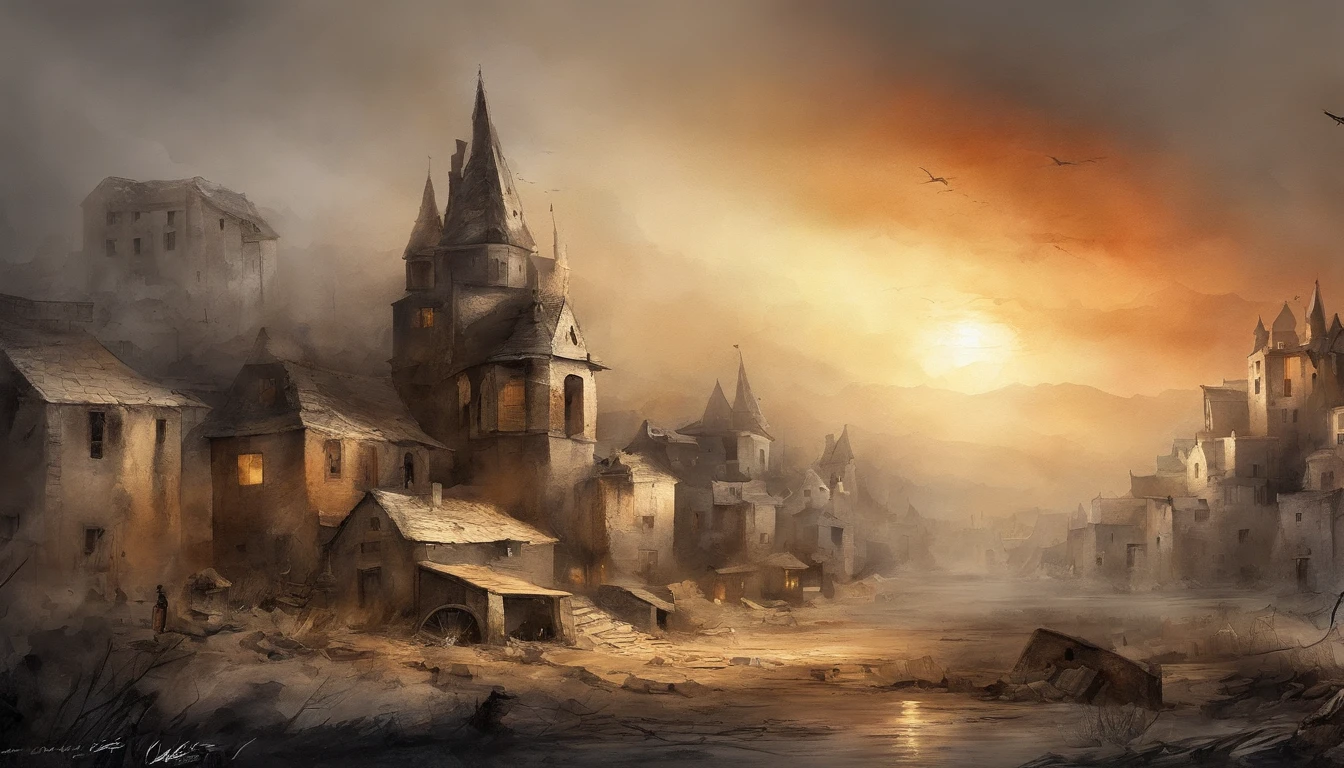 Ink wash style,Cracked buildings,Battlefield,Fire on the ground,Burning Buildings,fire,Winter day、rocks、war,plain,war,modern architecture,(illustartion:1.0)、epic composition、Realistic lighting、high definition detail、tmasterpiece、Best Quality,(very detailed CG unified 8k wallpaper)
