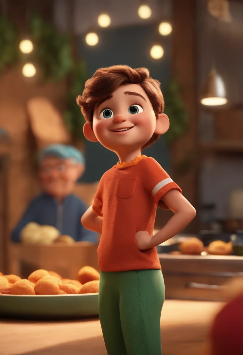 criar uma imagem de um pouch, which is a stand up packaging, prateada com um rosto grende, olhos grandes e bracinhos tipo desenho animado pixar numa proposta mais digital, cute, arte digital. No fundo da imagem, queria ilustrar um ambiente de cozinha industrial, um personagem animado, Caractere estilizado, animation style rendering, 3D estilizado, Arnold Maya render, 3 d render stylized, toon render keyshot, Personagem 3D, Personagem 3D, 3d rendering stylized, 3 d character render, personagem de desenho animado, Personagem de close up, Pose de personagem, (Estilo Pixar) (master part:1.2) (Bokeh) (best quality) (pele detalhada) (textura detalhada) (8k) (argila) (Cinematic lighting) (foco nítido,Senta e vaza a parte superior do corpo