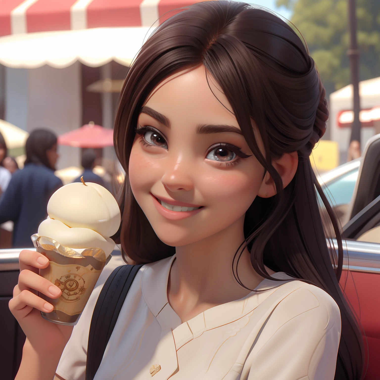 Uma menina morena sorridente，Segure ，olhos  pretos e brilhantes，cinematic texture