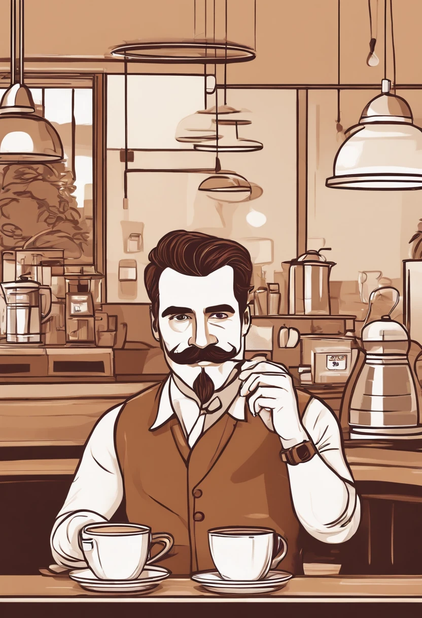 homem de 36 anos, usando bigode, Brown hair making coffee in a coffee shop, estilo pixar