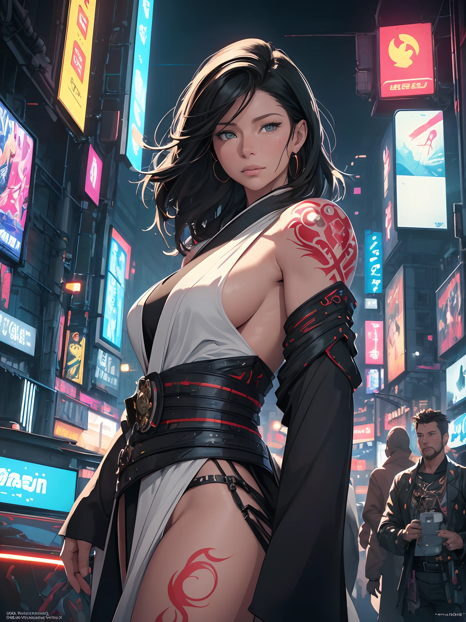 perfect artwork of John Blanche, (Jessica biel:Evangeline Lilly) short black hair, white open kimono, fully body tattoos, serious face, in action cinema pose looking in camera. Digital art. trending composition. vibrant side lighting, centered in a vibrant, technicolor cyberpunk detailed city landscape. night neon lighting. masterpiece, best quality, layered lighting