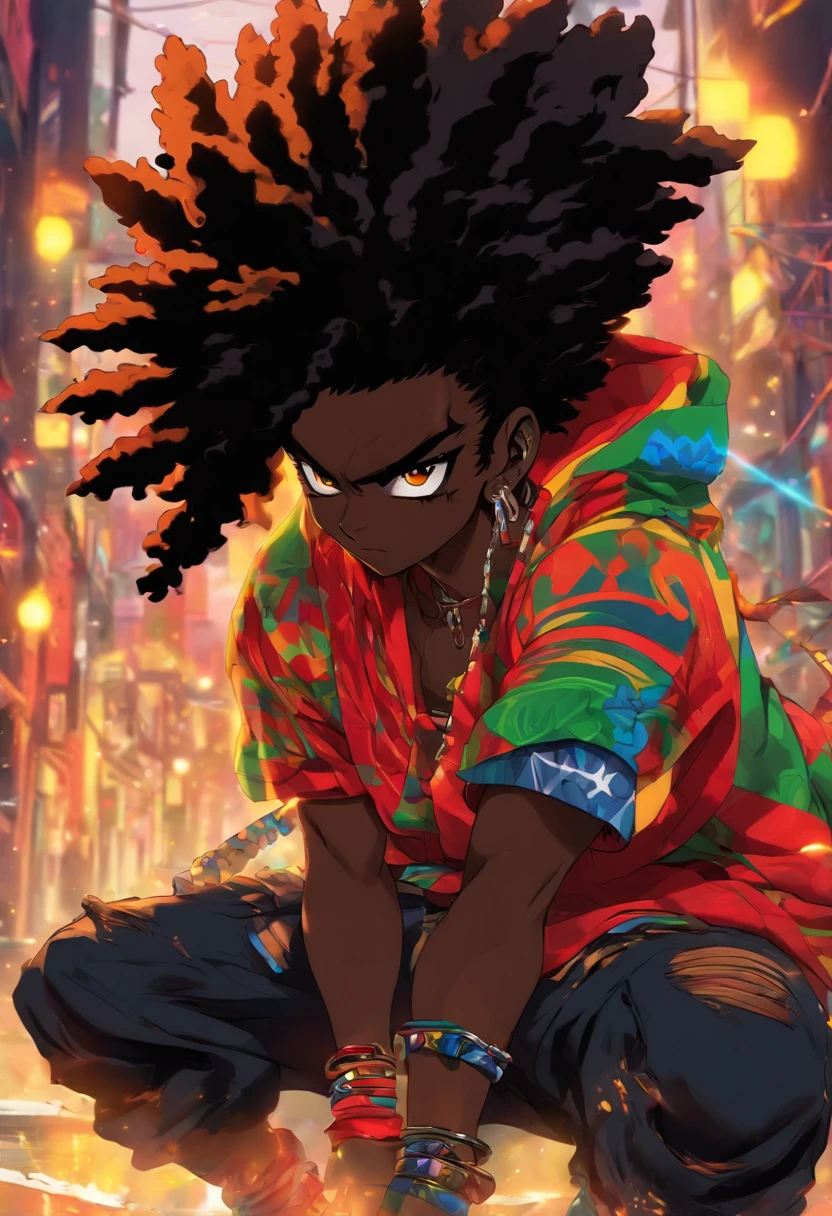 Haitian samurai sexy boy, black Afro, cabello color arco iris, ojos amarillos, dark skin, usar una sudadera con capucha, and torn jeans, toneladas de tatuajes y piercings, Obra maestra perfecta, alta calidad, High resolution, with glasses