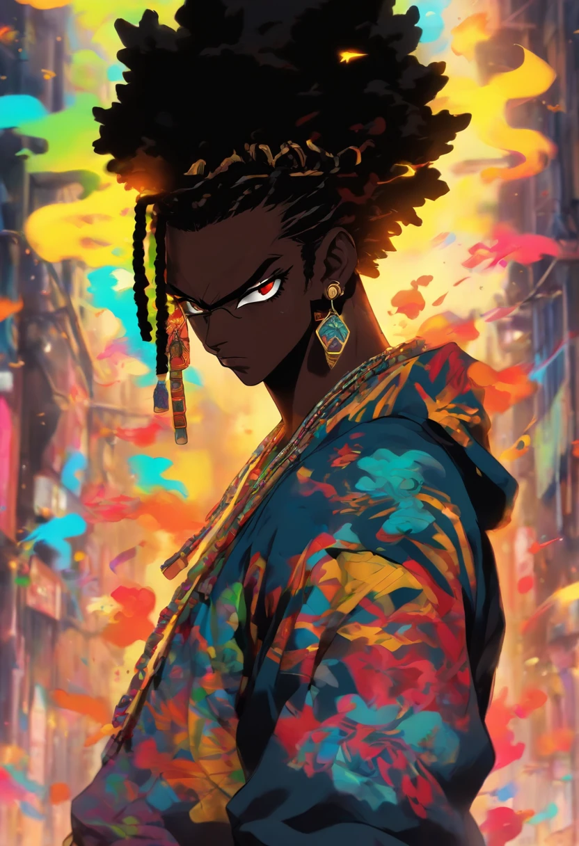 Haitian samurai sexy boy, black Afro, cabello color arco iris, ojos amarillos, dark skin, usar una sudadera con capucha, and torn jeans, toneladas de tatuajes y piercings, Obra maestra perfecta, alta calidad, High resolution, with glasses