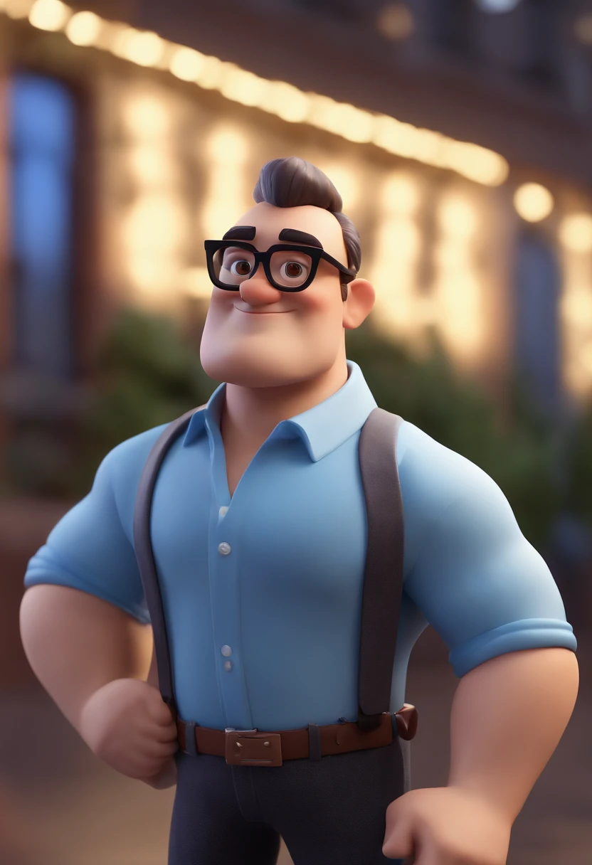 Cartoon character of a man wearing black glasses and a blue shirt, um personagem animado, Caractere estilizado, animation style rendering, 3D estilizado, Arnold Maya render, 3 d render stylized, toon render keyshot, Personagem 3D, Personagem 3D, 3d rendering stylized, 3 d character render, personagem de desenho animado, Personagem de close up, Pose de personagem, (Estilo Pixar) (master part:1.2) (Bokeh) (best quality) (pele detalhada) (textura detalhada) (8k) (argila) (Cinematic lighting) (foco nítido,Senta e vaza a parte superior do corpo