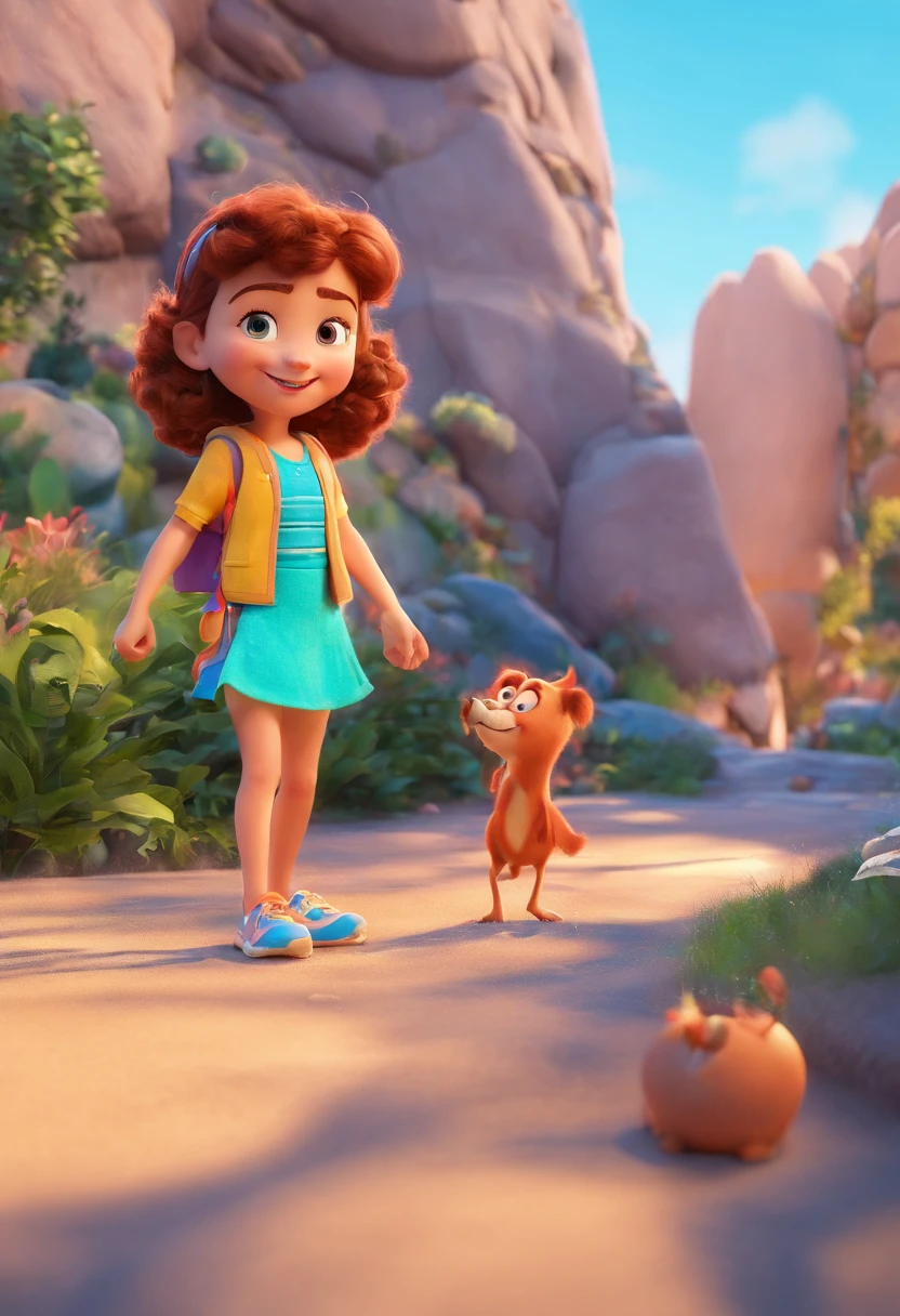 menina das cavernas, 6 anos, cabelos pretos, alta qualidade, 8k, estilo Disney, pixar, 3 d animation, Poster de filme animado, pixar 3 d animation style, pixar renderman rendering, maia 8 mil, animation film, Disney, Pixar, Estilo 3D, ao ar livre.