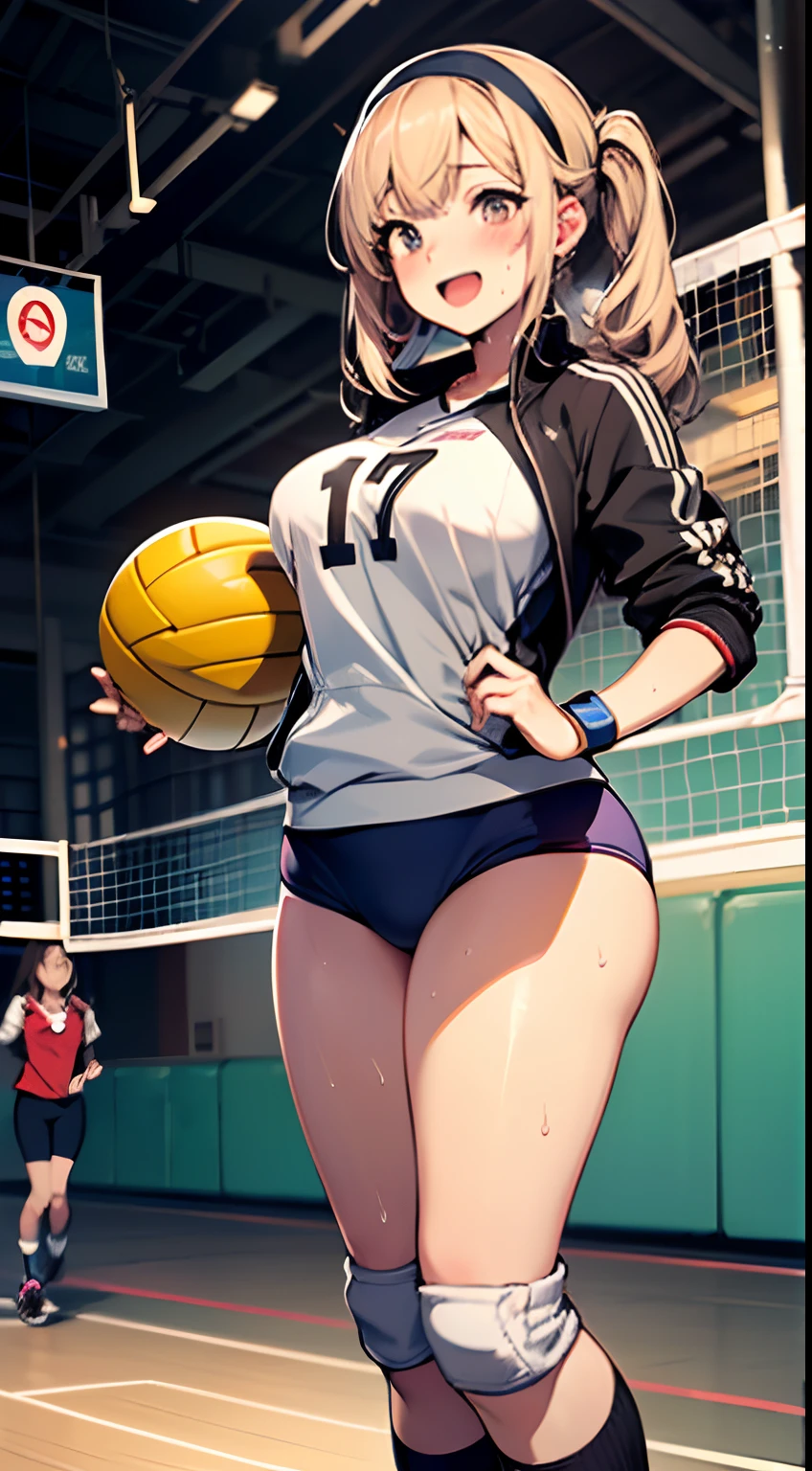 UHD, anatomically correct, 8k, (((masterpiece))), (((best quality))), (((ultra detailed))), (((high-resolution))), ((super fine illustration)), ((Ultimate cutie)), detailed beautiful face, solo, one girl, 17 years old, potbelly, curvy, large breasts, shiny hair, ((;D)), (blush), BREAK, (((buruma))), ((track jacket)), headband, ((wrist bands)), ((kneepads)), (((loose socks))), ((high top sneakers)), BREAK, ((Embrace the Beautiful spherical shape 6-inch volleyball with both hands)), ((sweat)), (perspired), (heavy breathing), sense of depth, in gymnasium, lighting, from below, looking at viewers