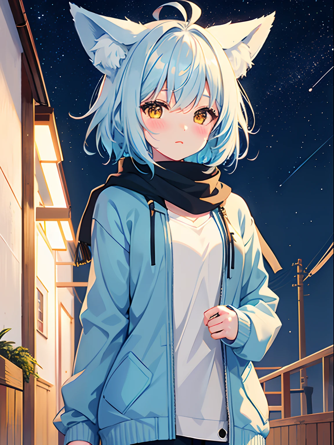 1girl in, fox ear,  light blue short hair,bangs pinned back,Ahoge,Colored inner hair, yellow eyes,Cute, blush, medium breast, winter, outdoors, night, starry sky, warm clothes