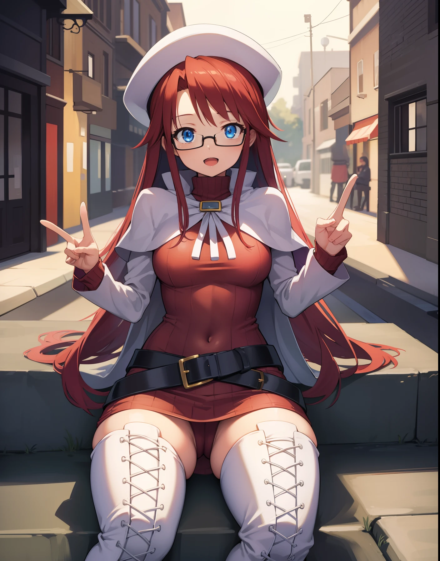 summonnightaty, aty, long hair, blue eyes, red hair, beret, hat, glasses,
BREAK long hair, thighhighs, hat, dress, boots, glasses, belt, cape, sweater, zettai ryouiki, beret, thigh boots, white footwear, ribbed sweater, loose belt,,
BREAK outdoors, fantasy_city,
BREAK (masterpiece:1.2), best quality, high resolution, unity 8k wallpaper, (illustration:0.8), (beautiful detailed eyes:1.6), extremely detailed face, perfect lighting, extremely detailed CG, (perfect hands, perfect anatomy),covered_nipples,covered_navel,light_smile,dynamic_posing,half_eyes,spread_legs,open_mouth,sword,sitting,