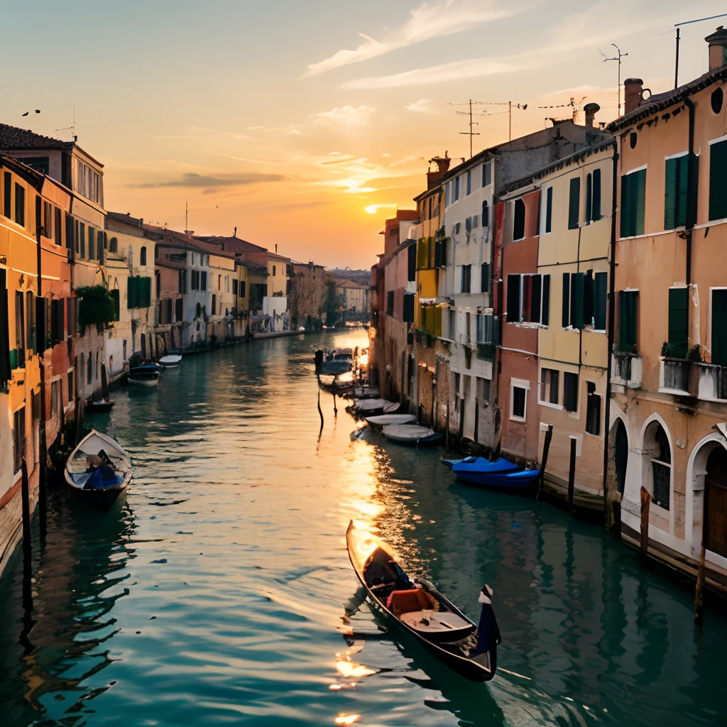 Italy、A boat floats on a Venetian river、Beautiful Landscapes、Realistic、Very delicate、Dyed in the sunset、There is a river flowing between the houses