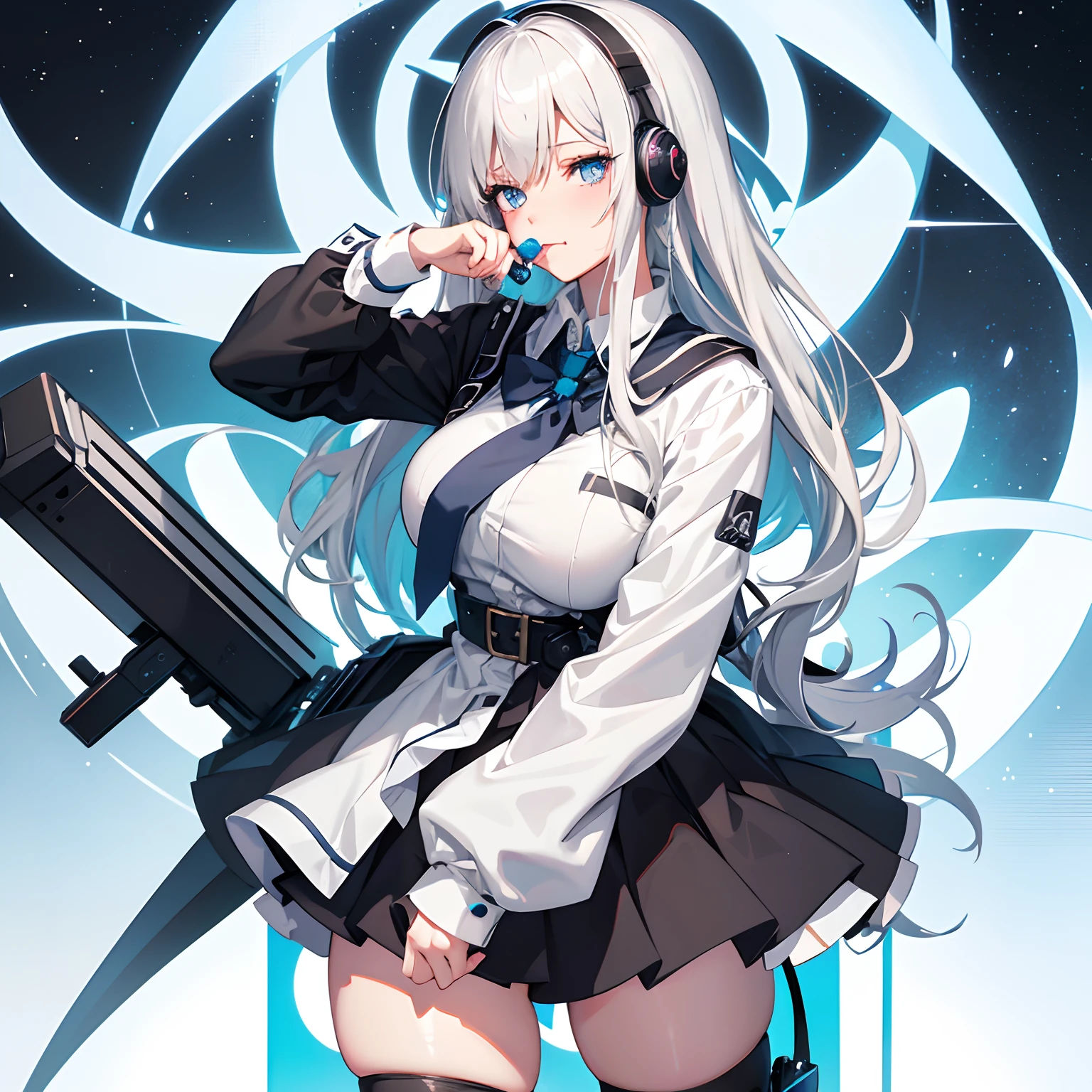 "anime girl, 1 person, silver white hair mixed with black, blue eyes, wearing headphones, female shirt, female school uniform, big breasts, chin in hand, tights, standing cross-legged, licking lips, side view, (full HD 4K+ image)"