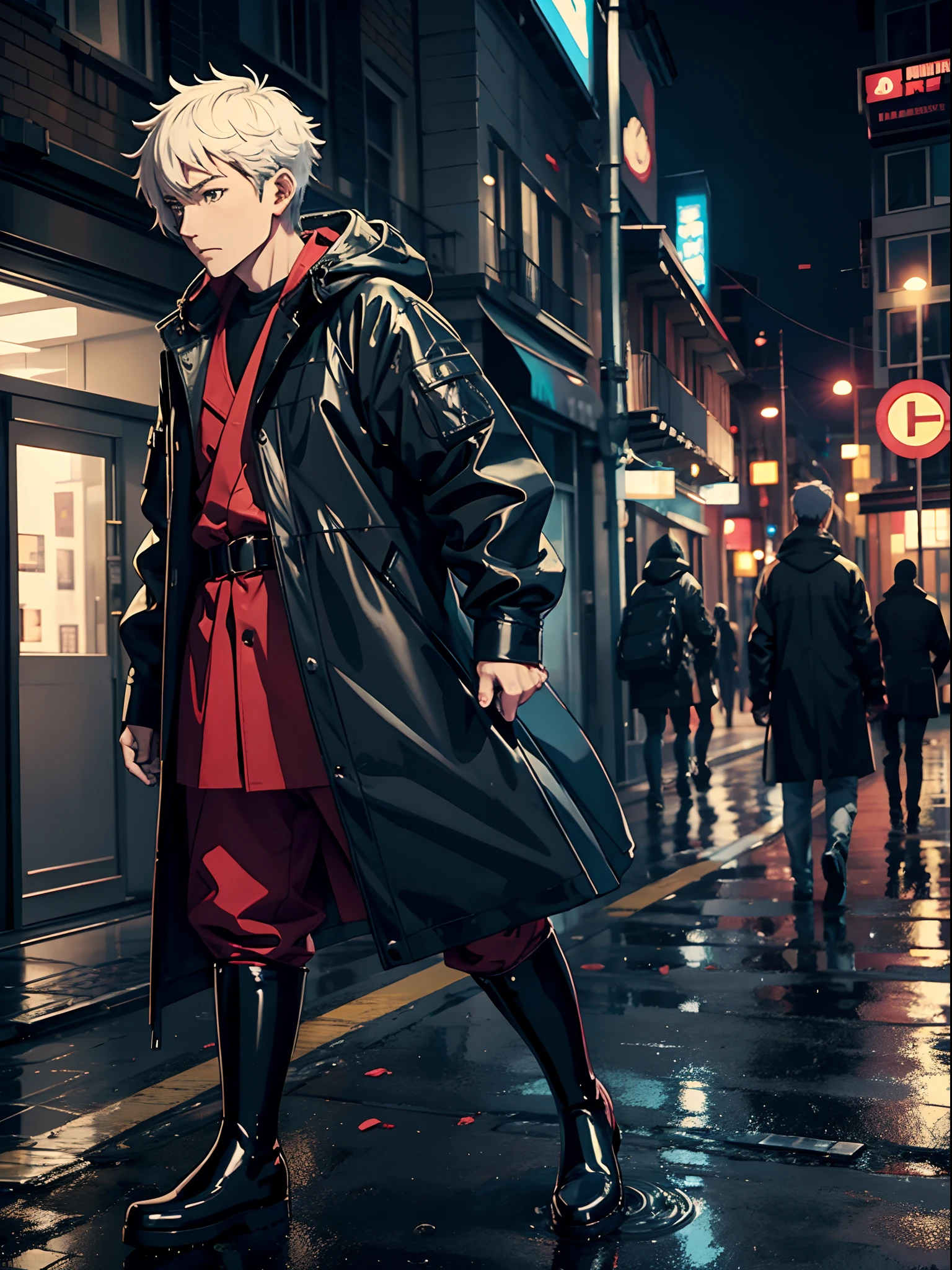 anime adult man, transperent rubber boots, transperent raincoat