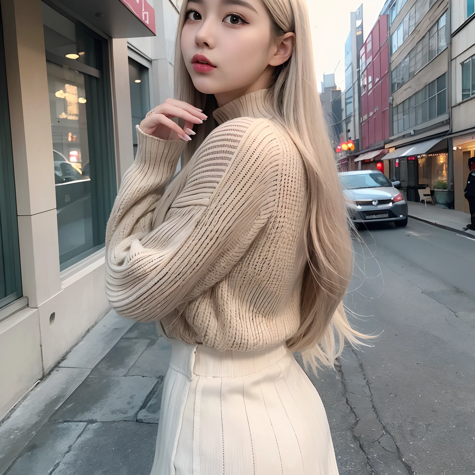 RAW photo of a girl、(masterpiece:1.1)、top-quality、超A high resolution、high detal、(Photorealsitic:1.4)、sharp、Focus、Details of face、(eyebrow piercing:1.1)、A detailed eye、A detailed face、1girl in、Long sleeve white high neck knit、Black tight skirt、(Faded beige hair:1.2)、posterior view、Wagas、takeout、a street、straight haired、Hair quality improvement