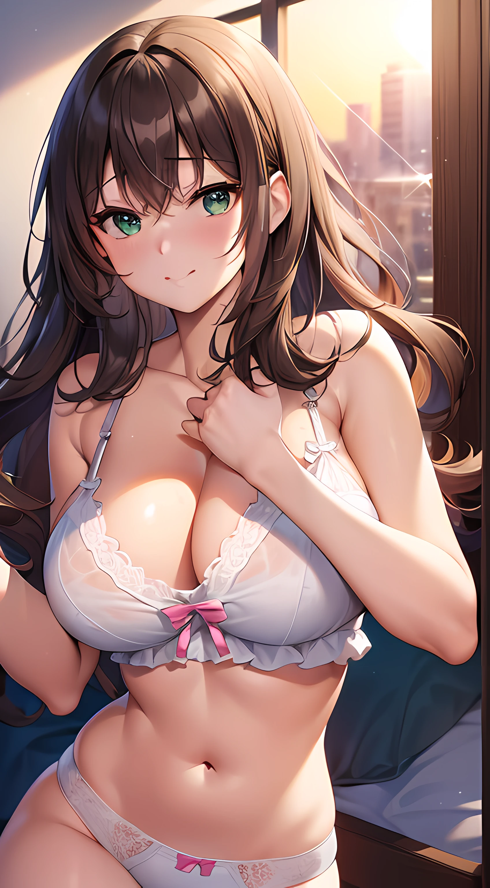 ((masterpiece, best quality, highres, UHD, perfect pixel, depth of field, 4k, RTX, HDR)), 1girl, single, solo, 24 years old, beautiful anime girl, beautiful artstyle, anime character, ((long hair, bangs, brown hair, curly hair)), (green eyes:1.4, rounded eyes, beautiful eyelashes, realistic eyes), (detailed face, blushing:1.2, wet), (smooth texture:0.55, realistic texture:0.65, photorealistic:1.2, cinematic, anime CG style), medium breasts, perfect body, busty, cleavage, (dynamic angle, POV, close up, selfie), ((summer clothes, tanktop, lingerie, bra, panties, underwear)), (indoor, supine, lying on the bed), ((side light, natural light, sunrise)), sly smile