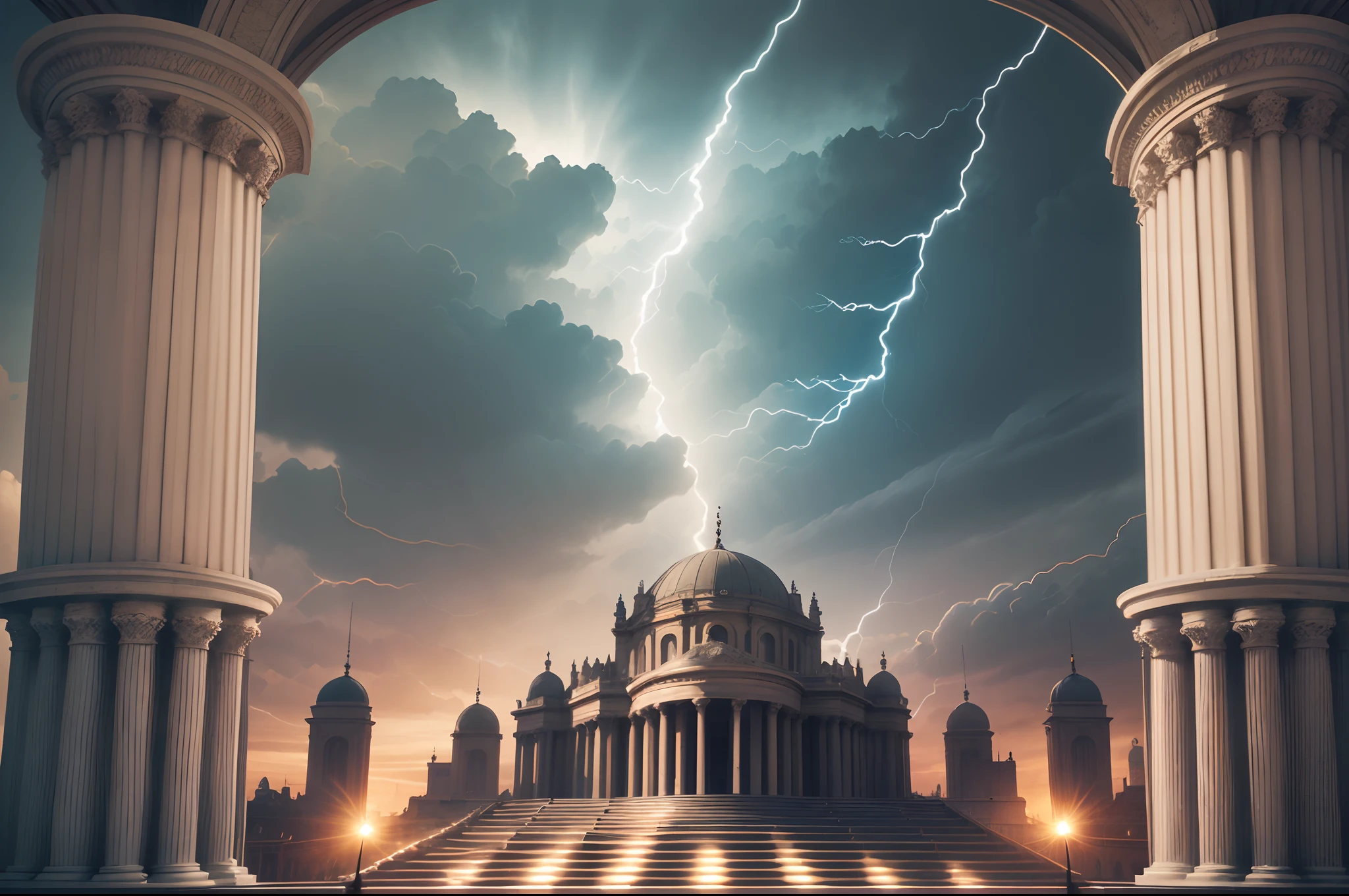 Theatre scene with large curtains and columns on the both sides, clear daylight sky on the background, high resolution photo, 4K HD, sharpen picture, dramatic cinematic lightening, hyperrealistic --auto --s2