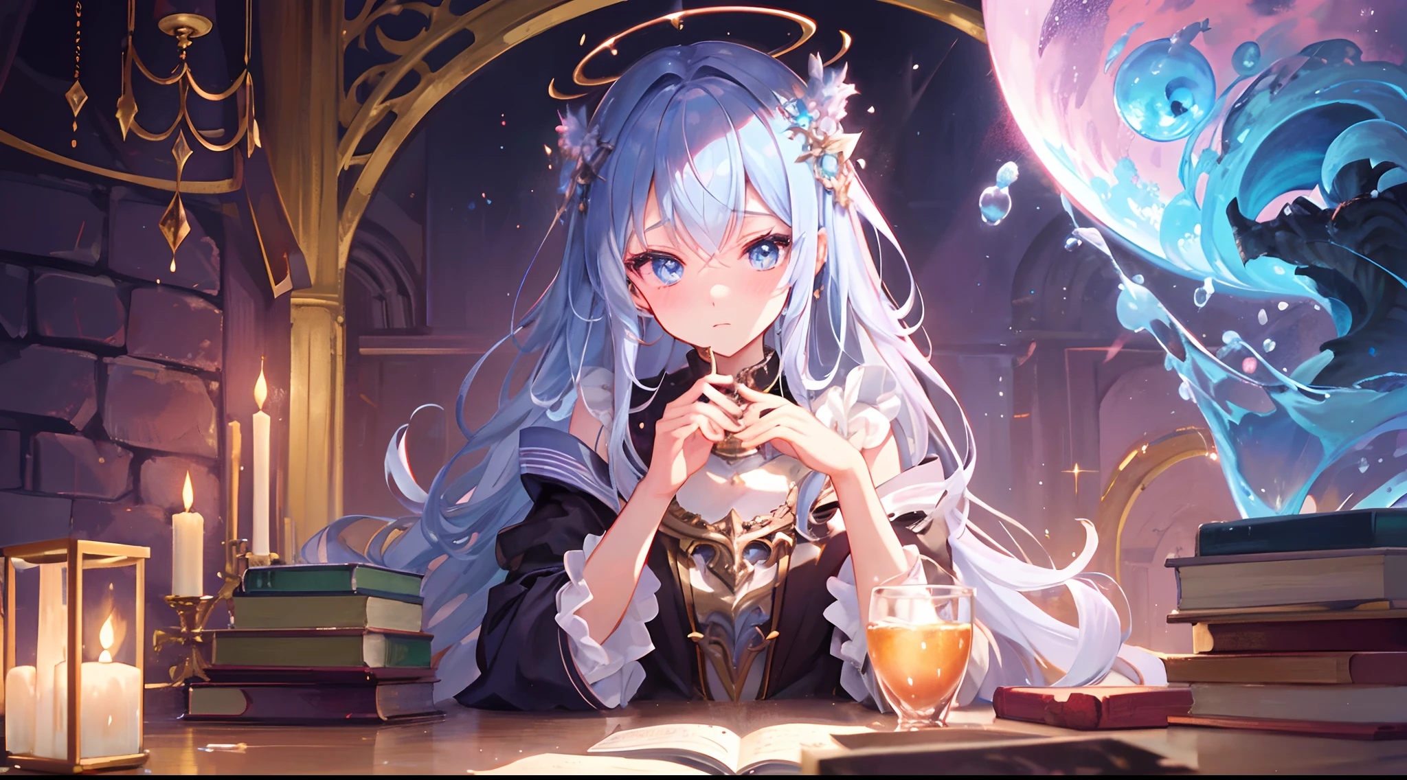 full bodyesbian、animesque、illustratio、Top image quality、ultra-definition、A detailed eye、Detailed facial、Fantasia、teens girl、Wearing wizard's clothes、Long hair in one knot、length hair、scientist、Drinking tea、Lots of bubbles、under the water、abyssal、AngelT、Piles of books、fantastical light、magia、sorcerer、Wearing coral or pearls、dark ambiance、candelabra、Pedras preciosas、precious metal