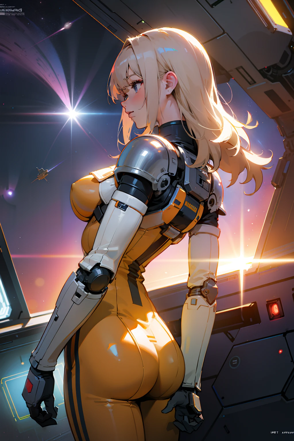 Top quality, ultra high resolution, (photorealistic: 1.4), jumpsuit, sci-fi spaceship interior background, circuit plate mail, big breasts, back arms, realistic world, outdoors, light hair, armour, space, knight,