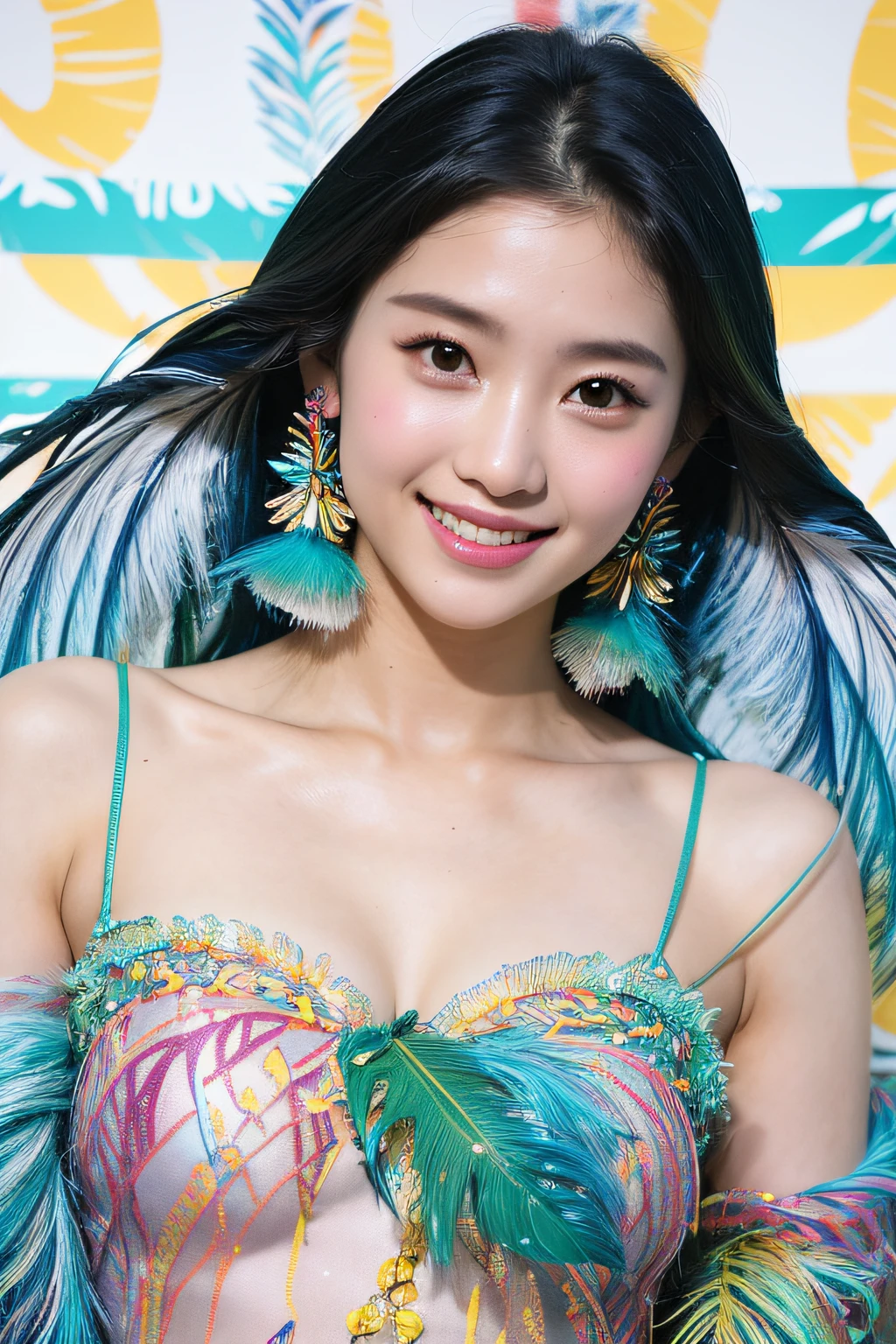 (extra detailed body、extra detailed face、best qualtiy:1.2)、femele、looking at the viewers、(Hair dyed iridescent、、A smile、Earrings on bird feathers up to the shoulders、See-through tops、A smile)、(Chaos against the backdrop of flying tropical fish:1.4)high fashion