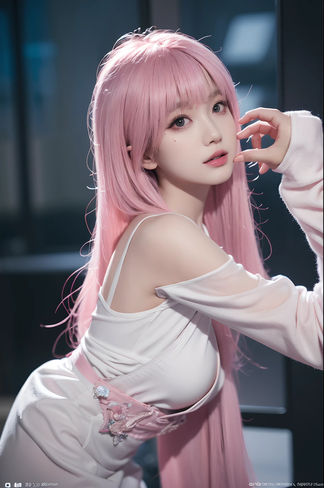 (Hyper-realistic), (illustration), (high resolution), (8K), (Extremely detailed), (Best Illustration), Yoru ( Chainsaw man ), (Beautiful detailed eyes), (Best quality), (Ultra-detailed), (Masterpiece), (the wallpaper), (Detailed face), Solo, Upper body, focus onface, 1 girl, Pink hair, Korean, Thin eyeshadow, A detailed eye, Brown eyes, Small moles under the eyes, long sleeves shirt, Cervical arch, Small breasts, pinafore dress, Dynamic pose, Low lighting, Night, Dark, Clouds, Dark night