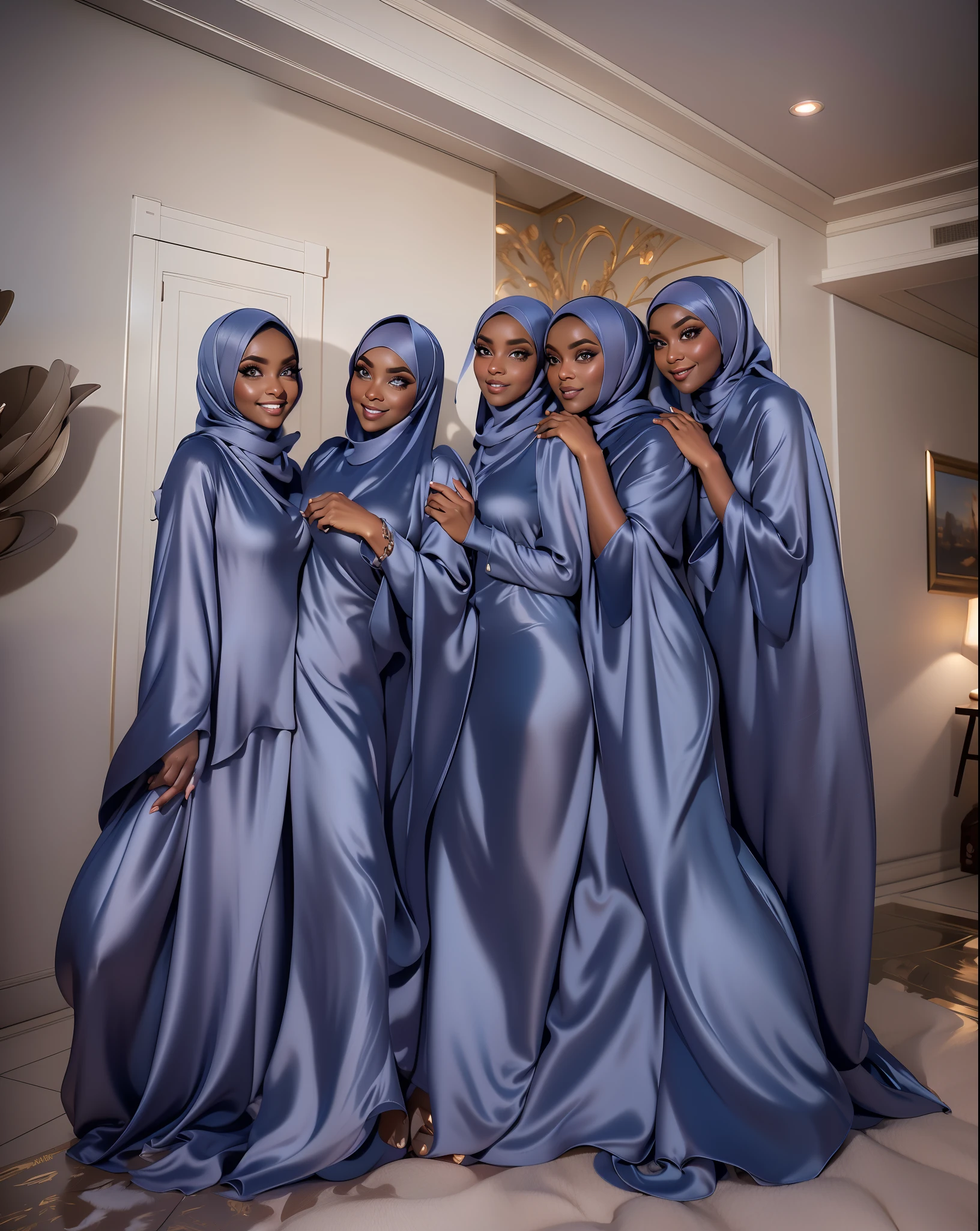 3dmm style, Masterpiece, best quality, photography, detailed skin, realistic, photo-realistic, 3D Character Design, pixar, real cartoon, 8k, highly detailed, full length frame, High detail RAW color art, diffused soft lighting, shallow depth of field, sharp focus, hyperrealism, cinematic lighting, ((close up)) hijab, a woman, beautifully makeup, brown beautiful big eyes, long eye lashes, wearing (Dark blue satin hijab), loosely tide hijab style,((gray satin shirt)), palazzo pants