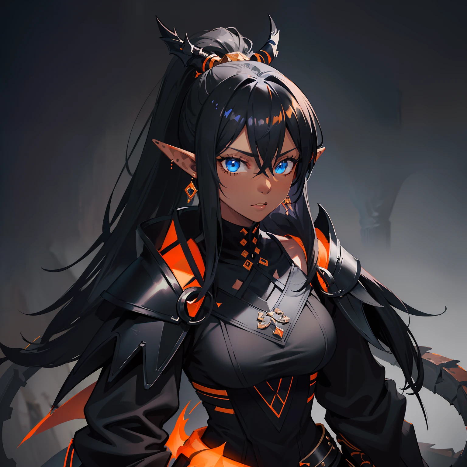 1girl , (((Dark Skin)))), Black Hair with Ponytail, (((Blue Eyes))), ((Black Metallic Gauntlets and Greaves with Orange and Silver Highlights)), (((The Clothes Have a Mix of Modern and Tribal))), (((The Clothes Have a Mix of Modern and Tribal))),  having mostly the color black, but having parts in orange, shoulders exposed, at the hip a shorts that extend to half of the thigh of black color. ((Black Overcoat with a orange inner part)) absurd res, best res, high res, best face, best eyes, (((Dragon Tail))), ((Elf Ears))