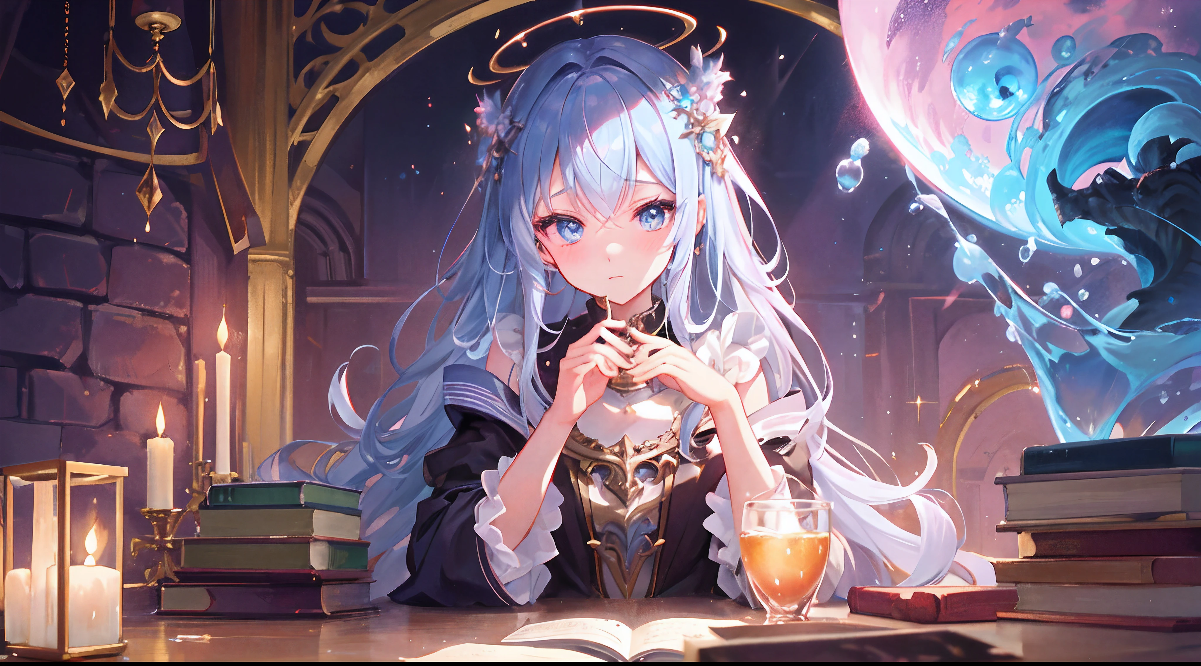 full bodyesbian、animesque、illustratio、Top image quality、ultra-definition、A detailed eye、Detailed facial、Fantasia、s girl、Wearing wizard's clothes、Long hair in one knot、length hair、scientist、Drinking tea、Lots of bubbles、under the water、abyssal、AngelT、Piles of books、fantastical light、magia、sorcerer、Wearing coral or pearls、dark ambiance、candelabra、Pedras preciosas、precious metal