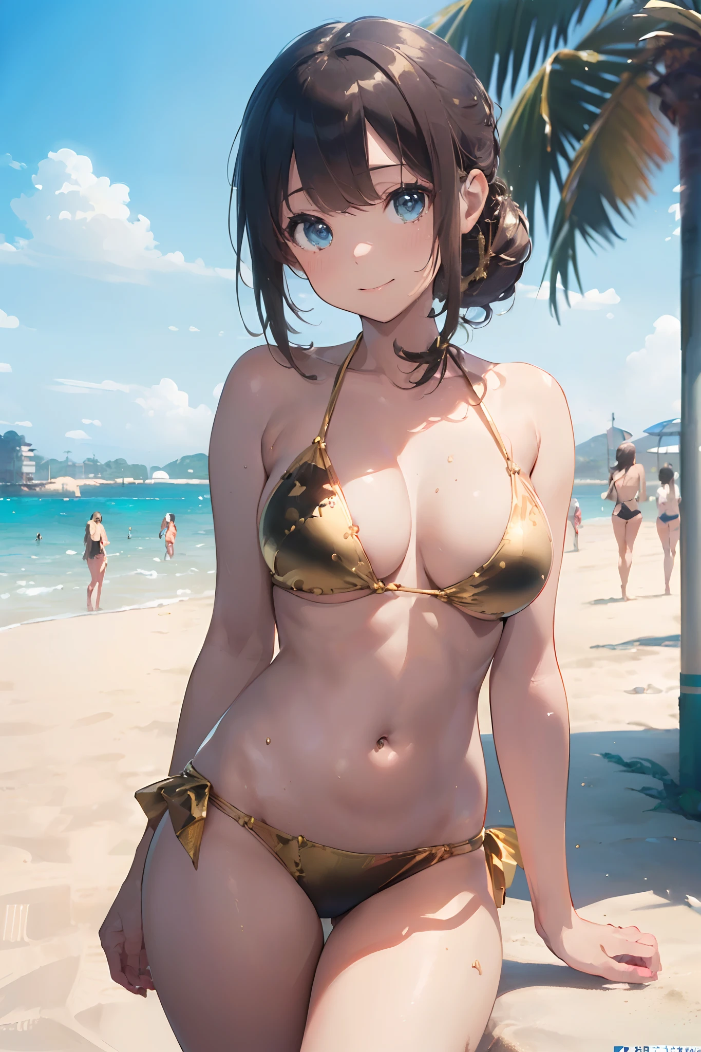 (​master piece:1.8),(Best Quality:1.8),(ultimate detailed:1.8),(8K:1.8),(The ultimate fine illustration:1.5),Pretty girl,Smile,Beautiful eyes and hair,(Metallic Gold,bikini of:1.4),(Sexy Pose:1.5),to stand,(Beach:1.6),Dynamic Angle,Random position,blue tone、