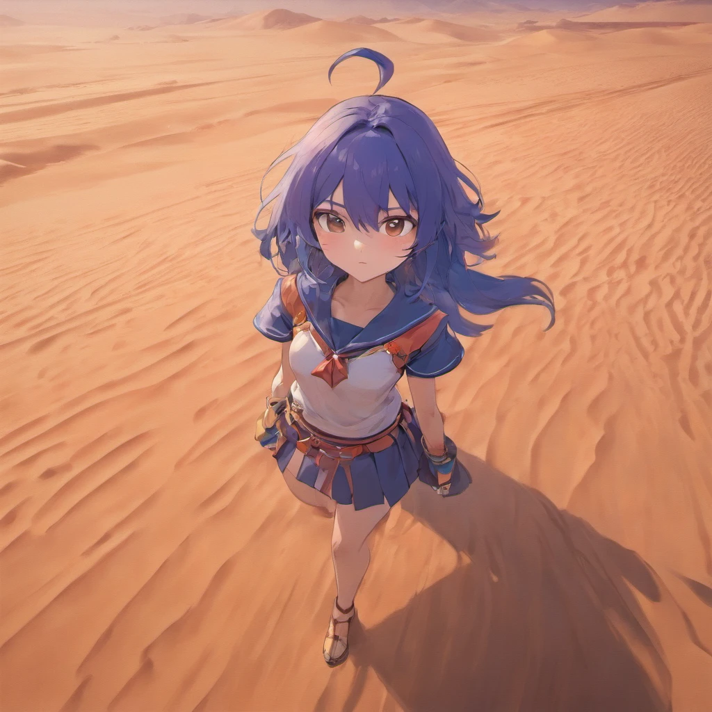 Aerial view of the vast desert sandtops，There is no end in sight、Look down from above、highly detailed back ground，Realistic，ultra - detailed，Super detailed skin，light glow，filmgrain，Expro II，Lens flare，Sharpen，cinematic shadow