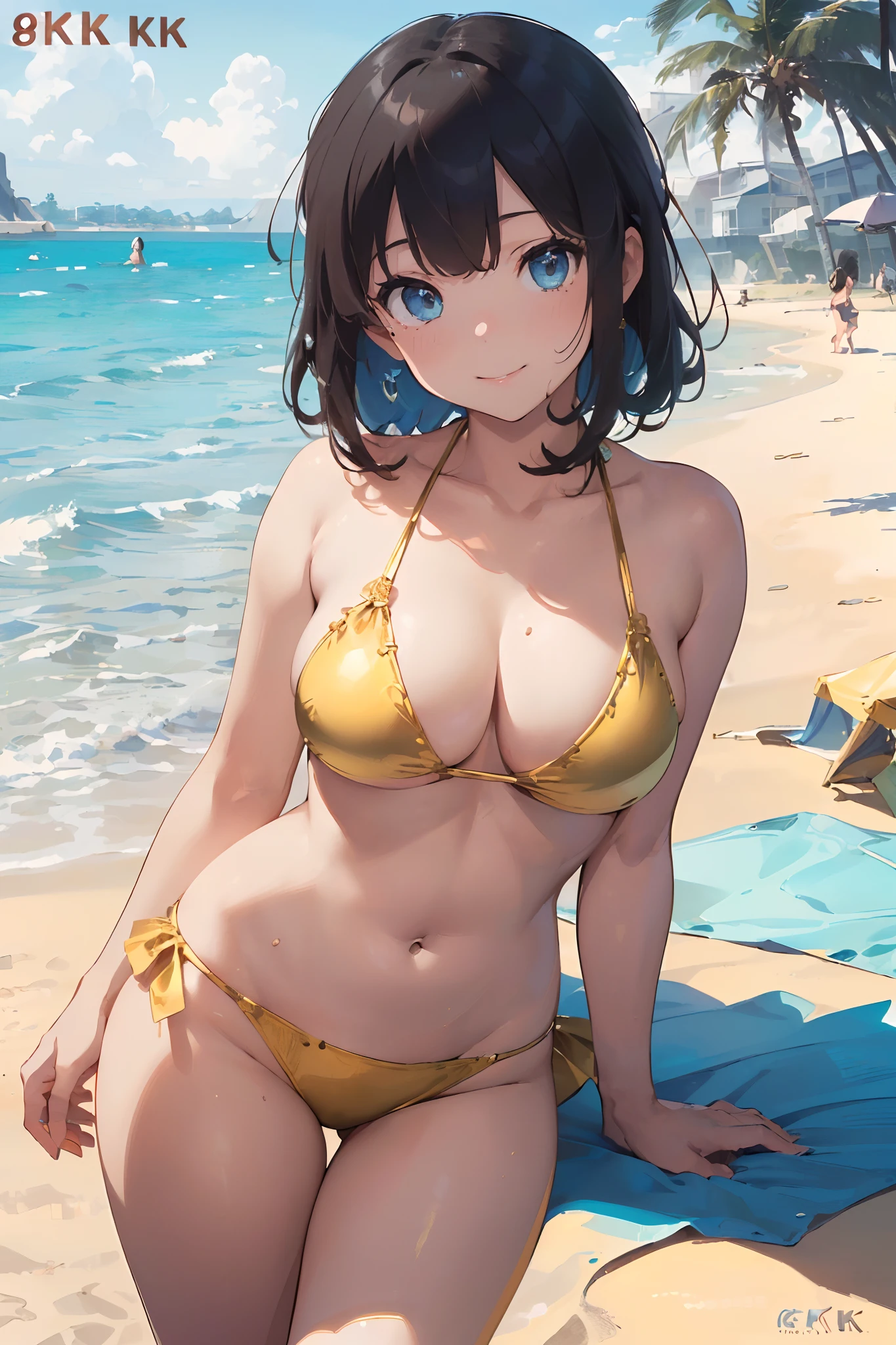 (​master piece:1.8),(Best Quality:1.8),(ultimate detailed:1.8),(8K:1.8),(The ultimate fine illustration:1.5),Pretty girl,Smile,Beautiful eyes and hair,(Metallic Gold,bikini of:1.4),(Sexy Pose:1.5),to stand,(Beach:1.6),Dynamic Angle,Random position,blue tone、