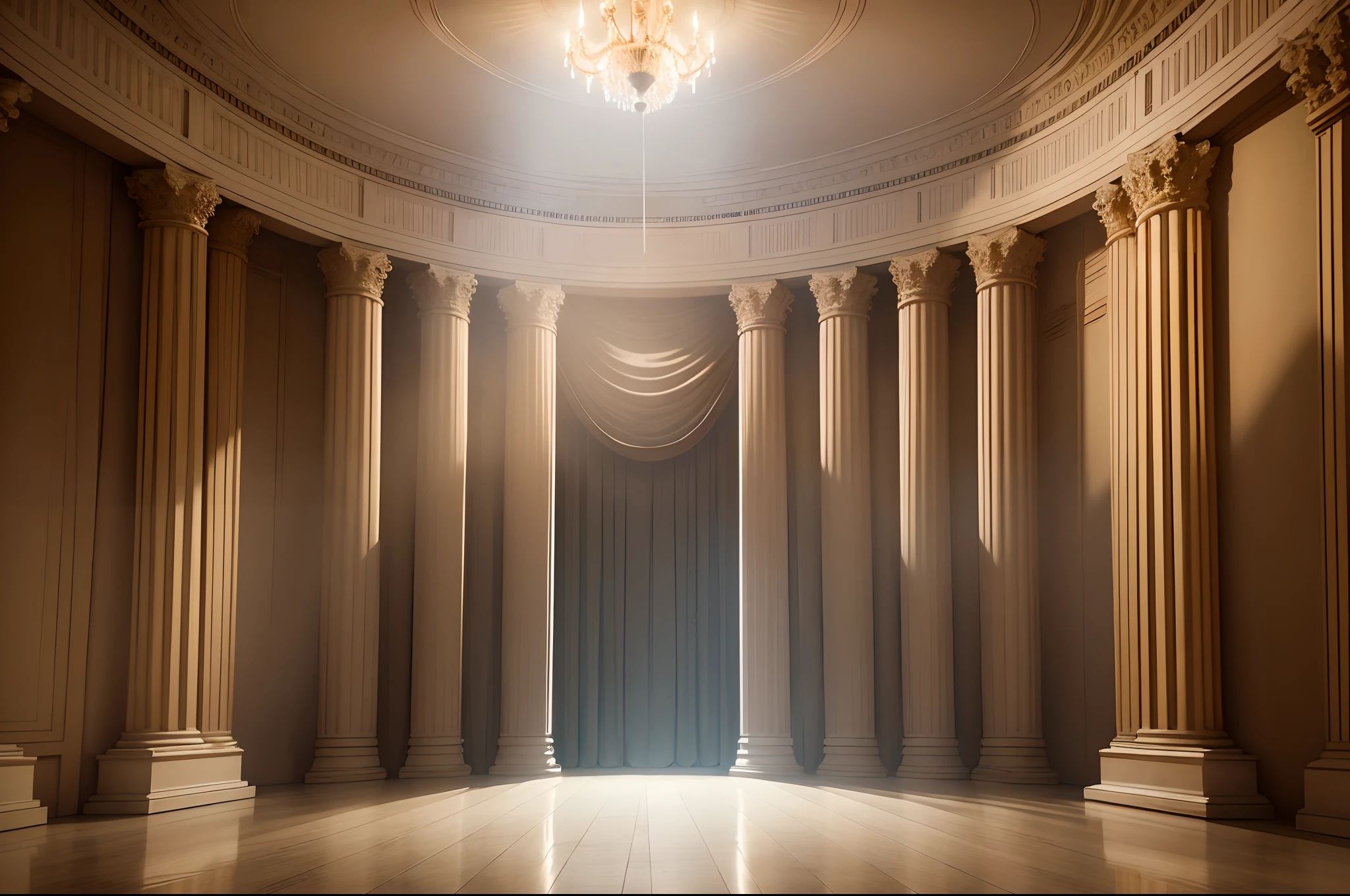 Theatre scene with large curtains and columns on the both sides, clear daylight sky on the background, high resolution photo, 4K HD, sharpen picture, dramatic cinematic lightening, hyperrealistic --auto --s2