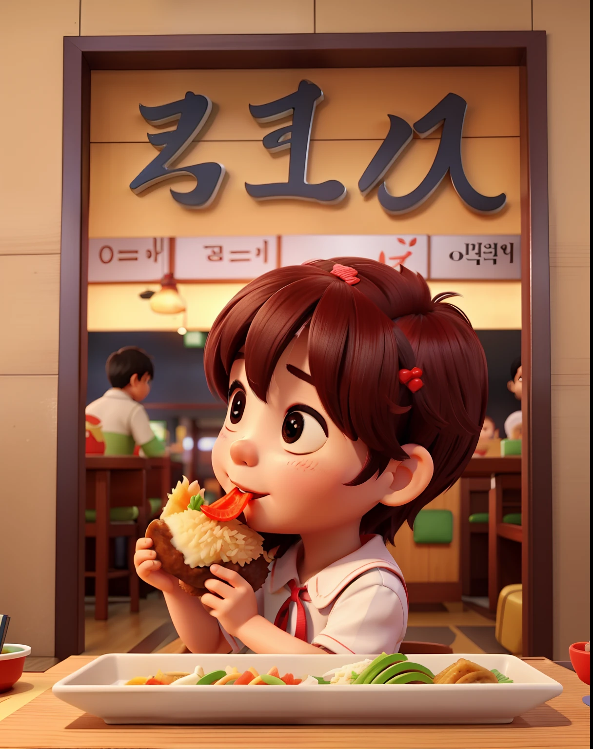 A child eating chicken in a Korean restaurant a sign with name Koreanchicken