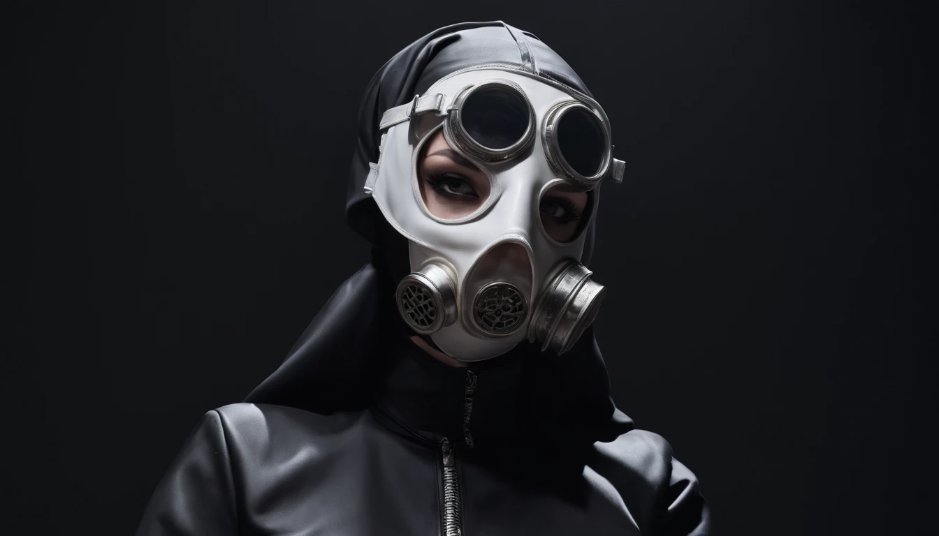 sexy nun with anti-gas mask dressed in latex posing for a photo in a dark studio, dark nun fashion, bizzarre fashion, latex fashion, fetish fashion, darksynth aesthetic.