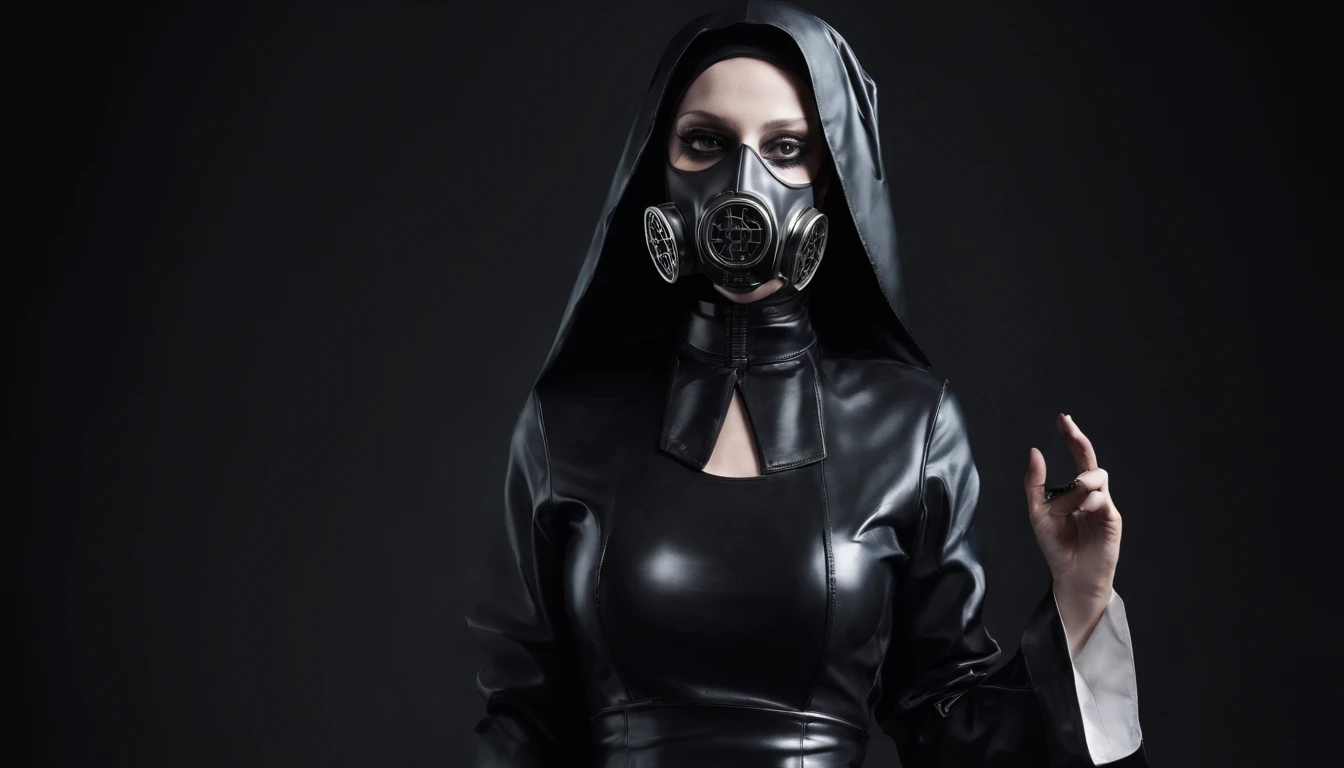 Very thin. Naked sexy model. in bdsm style. Latex hijab and Plague Doctor mask. Shiny steel bracelets on top of black gloves. and Shiny steel bracelet necklaces are on her wrists. She wears a leather harness over her head and face. Leather garters on his feet.. Red, thick smoke in the background.