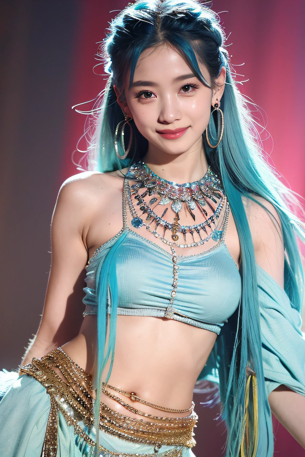 (extra detailed body、extra detailed face、best qualtiy:1.2)、femele、looking at the viewers、(lightblue hair、Flashy clothes、ar old、A smile、Feather piercings down to below the shoulders、hippy、hair adornments、Fancy Necklaces、bell-bottoms)、(woodstock:1.4)