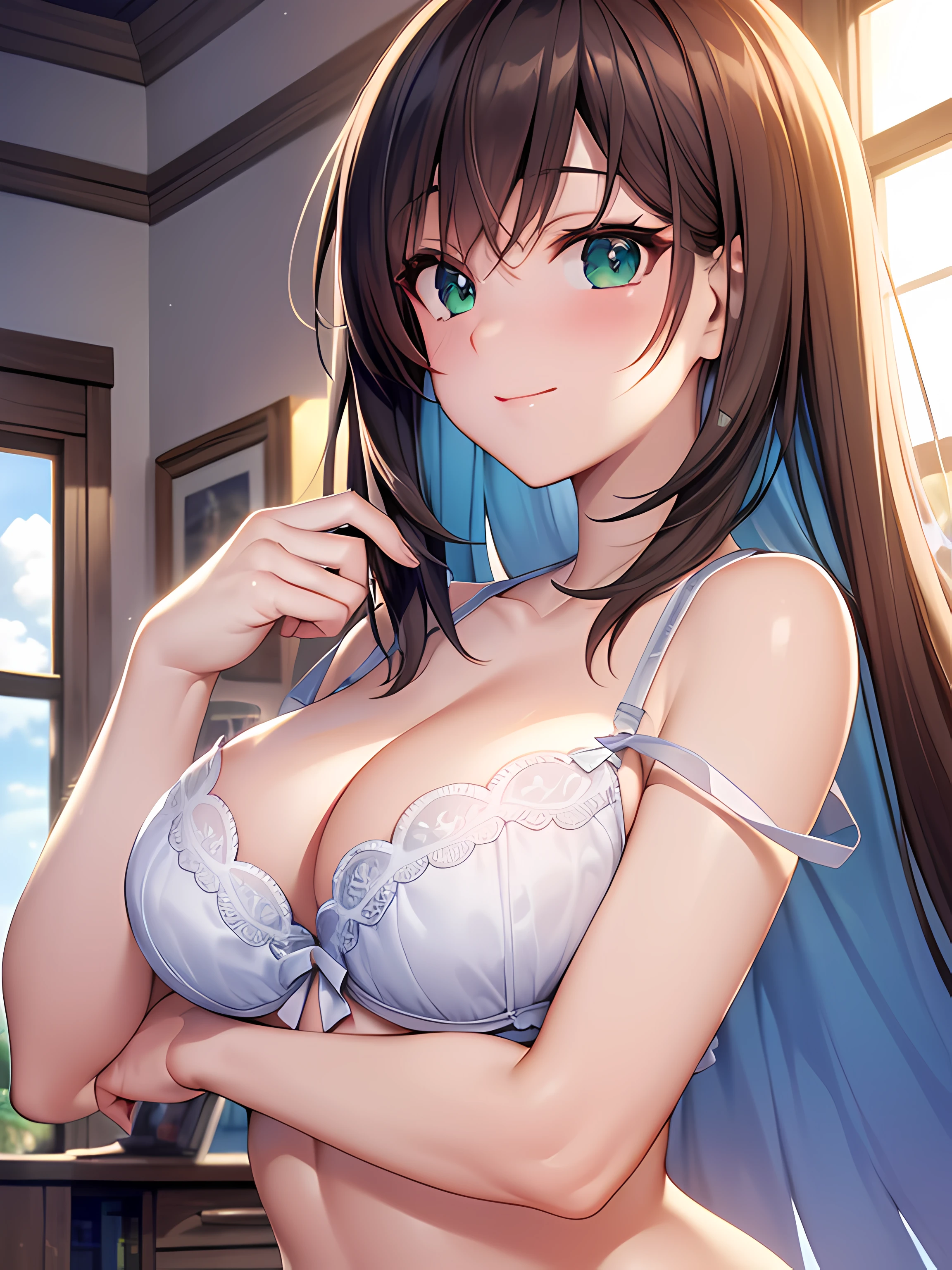 ((masterpiece, best quality, highres, UHD, perfect pixel, depth of field, 4k, RTX, HDR)), 1girl, single, solo, 24 years old, beautiful anime girl, beautiful artstyle, anime character, ((long hair, bangs, brown hair, curly hair)), (green eyes:1.4, rounded eyes, beautiful eyelashes, realistic eyes), (detailed face, blushing:1.2), (smooth texture:0.55, realistic texture:0.65, photorealistic:1.2, cinematic, anime CG style), medium breasts, perfect body, busty, cleavage, (POV, close up, selfie), ((summer clothes, lingerie, bra, panties, underwear)), (indoor, beside the window), ((side light, natural light, sunrise)), sly smile, looking at viewer