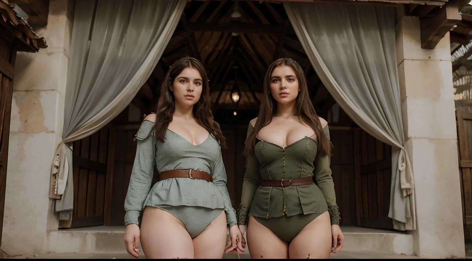 Duas rainhas rivais em guerra, vestida em roupa medieval de guerra, banhadas de joiaz elas tem o rosto lindo e corpo charmoso, seios grandes, Thick thighs they're lovely, Traces and details more real and perfect, mais seios e mais detalhes em tudo