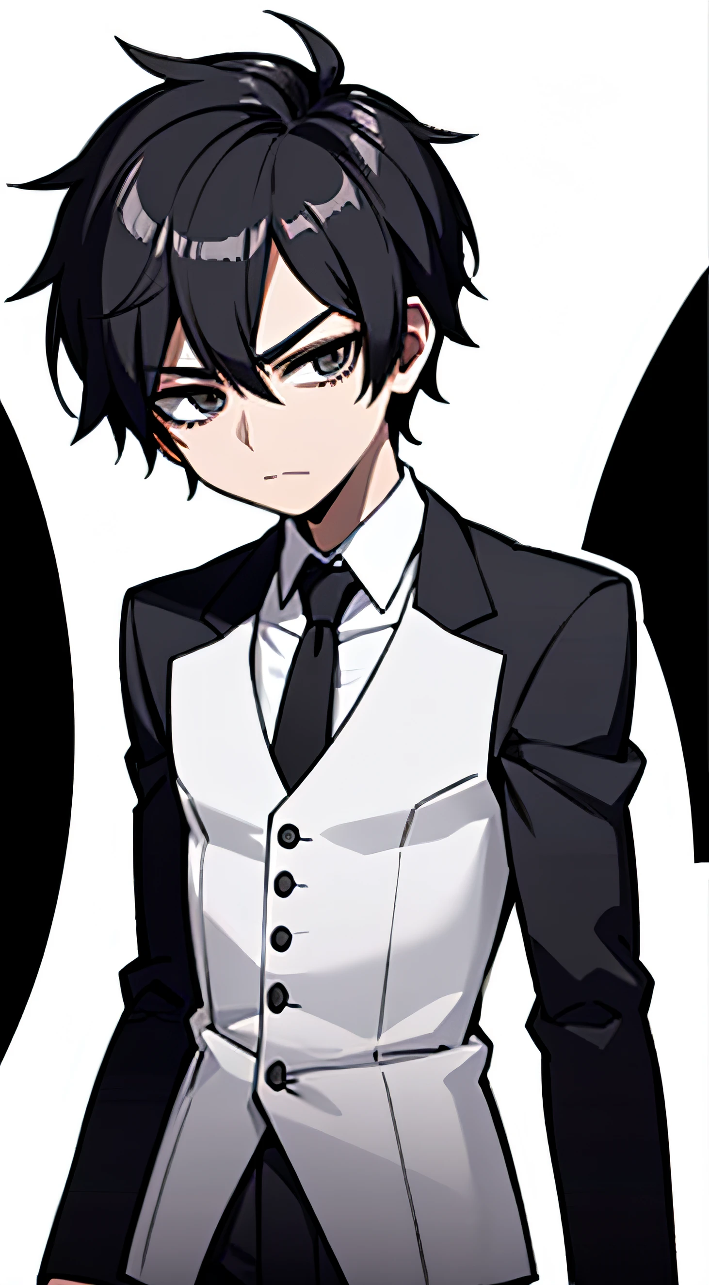 male anime with black hair, black eyes, wearing a white shirt with a black tie, facing forward, half body, plain white background