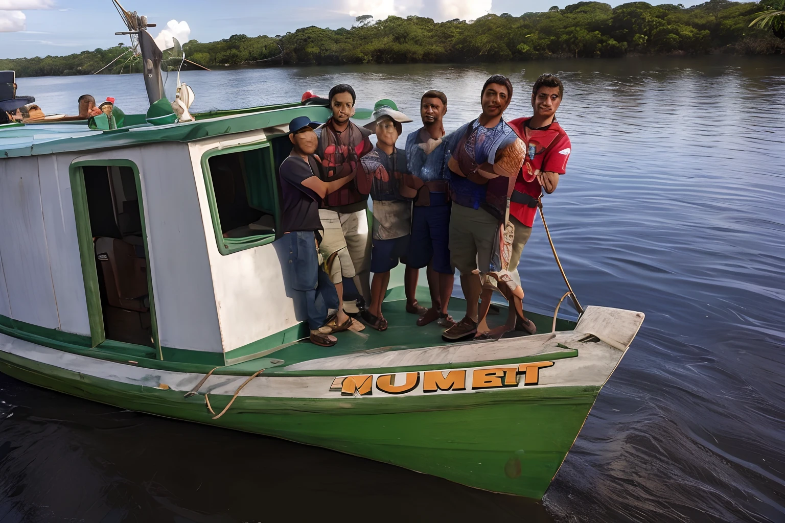 Um grupo de homens morenos, On a boat in the middle of a big river, segura um grande peixe vermelho, In the middle of the Amazon rainforest, estilo disney pixar, alta qualidade