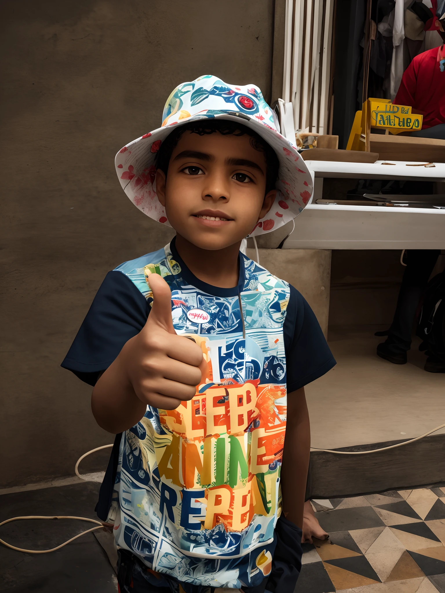 There's a boy wearing a hat and giving a thumbs up, caio santos, Reyyan, Riyahd Cassiem, Mohamed Reda, Where is the, Alex, inspirado em Abidin Dino, wearing a cute hat, edu souza, Condutor de Ene, Mohamed Chahin, cabrito, Directed by: Nandor Soldier, Carmelo Blandino