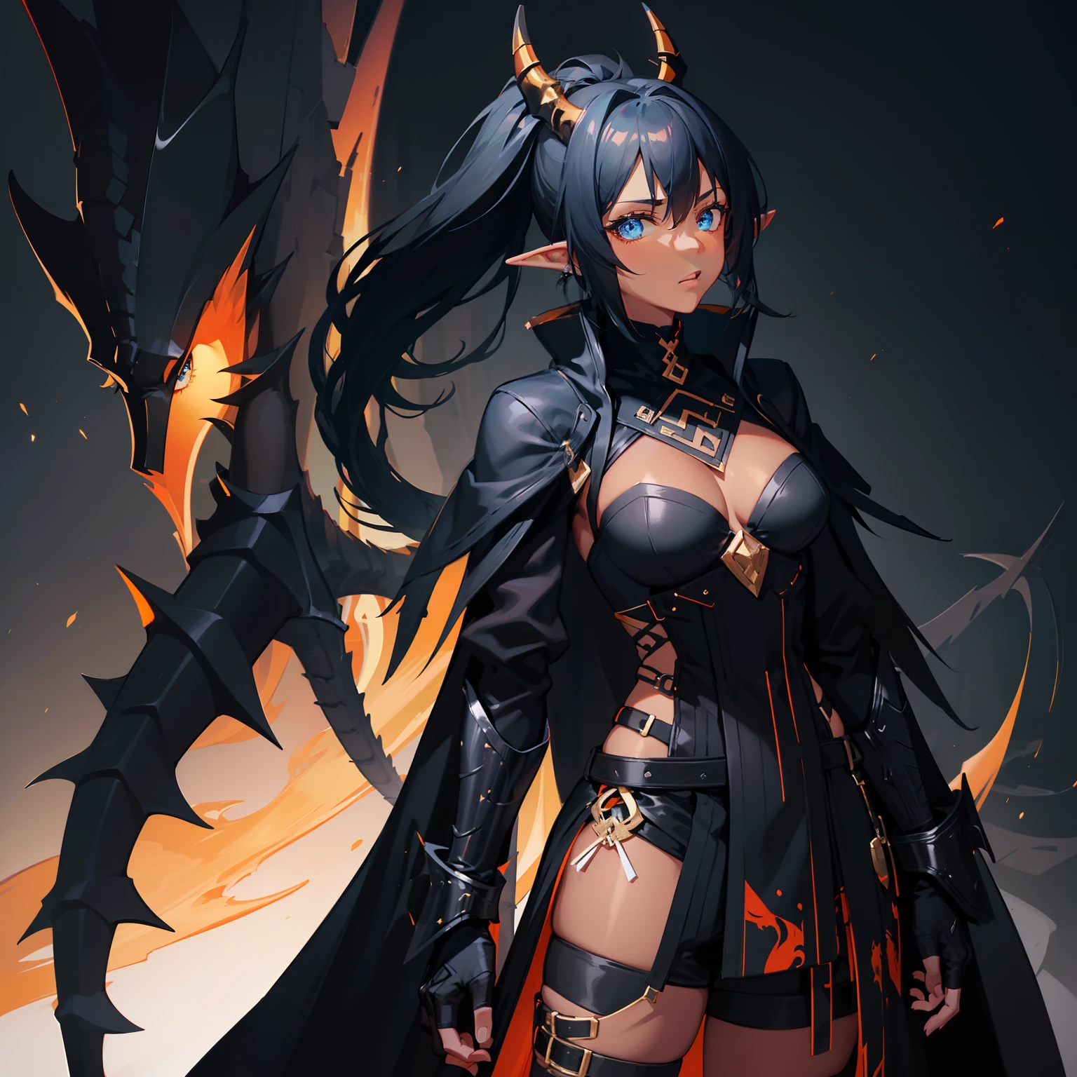 1girl , (((Dark Skin)))), Black Hair with Ponytail, (((Blue Eyes))), ((Black Metallic Gauntlets and Greaves with Orange and Silver Highlights)), (((The Clothes Have a Mix of Modern and Tribal))), (((The Clothes Have a Mix of Modern and Tribal))), having mostly the color black, but having parts in orange, shoulders exposed, at the hip a shorts that extend to half of the thigh of black color. ((Black Overcoat with a orange inner part)) absurd res, best res, high res, best face, best eyes, (((Dragon Tail))), ((Elf Ears))