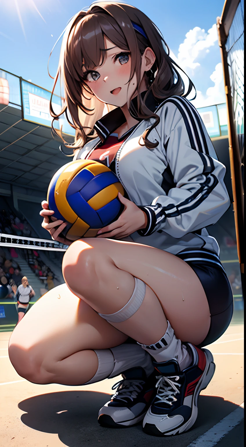 (masterpiece、highest quality、High resolution、Realistic photo、Real looking skin:1.1)、
(A woman is taking a break at a volleyball bar:1.5)、
(I have a smile of satisfaction.:1.5)、
(She is wearing a volleyball uniform, a sleeveless tight sports shirt and short tight shorts.:1.8)、
(I always wear knee supports:1.8)、
(I&#39;m wearing high socks:1.5)、
(She is wearing gym sneakers.:1.5)、
(It&#39;s short black hair:1.8)、
(The location is the volleyball court in the high school gym.:1.5)、
1 Japanese Girl、solo、Full Body Esbian、Beautiful Eyes、Shining Eyes、Shining thighs、NSFW