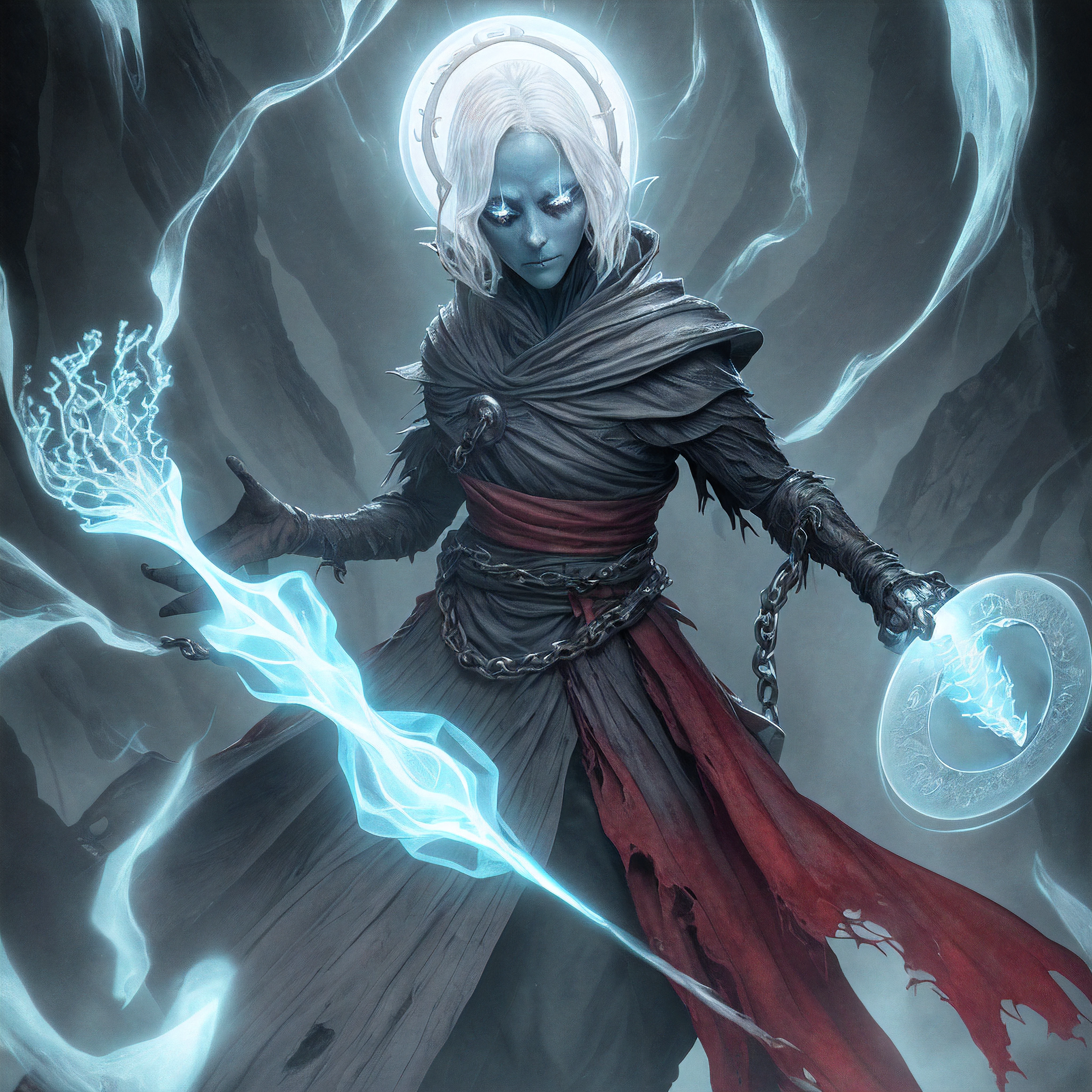 (((8k, very high resolution, masterpiece))), generate a high-resolution image of a wraith, a malevolent spirit that wanders through the mortal realm in search of souls to claim. The wraith should be depicted as a shrouded figure, its face obscured by a red rag, and its body wreathed in an ethereal, ghostly mist. The wraith should be holding a lantern that emits a spectral light, which it uses to guide the souls it deems unworthy to rest to their ultimate fate. The lantern is attached to one of his shrouded hand with a spiked chain, and should dangle under his stretched arm when pointing at the viewer.
The setting should be dark and eerie, depicting the wraith as a harbinger of death and despair. The background is an icy, dark cave, the light weak, mostly coming from the lantern of the spectre. The colors should be muted and ominous, with a focus on shades of red and blue. Use Stable Diffusion to ensure the generated image is visually consistent and coherent, with a high level of detail and realism.
