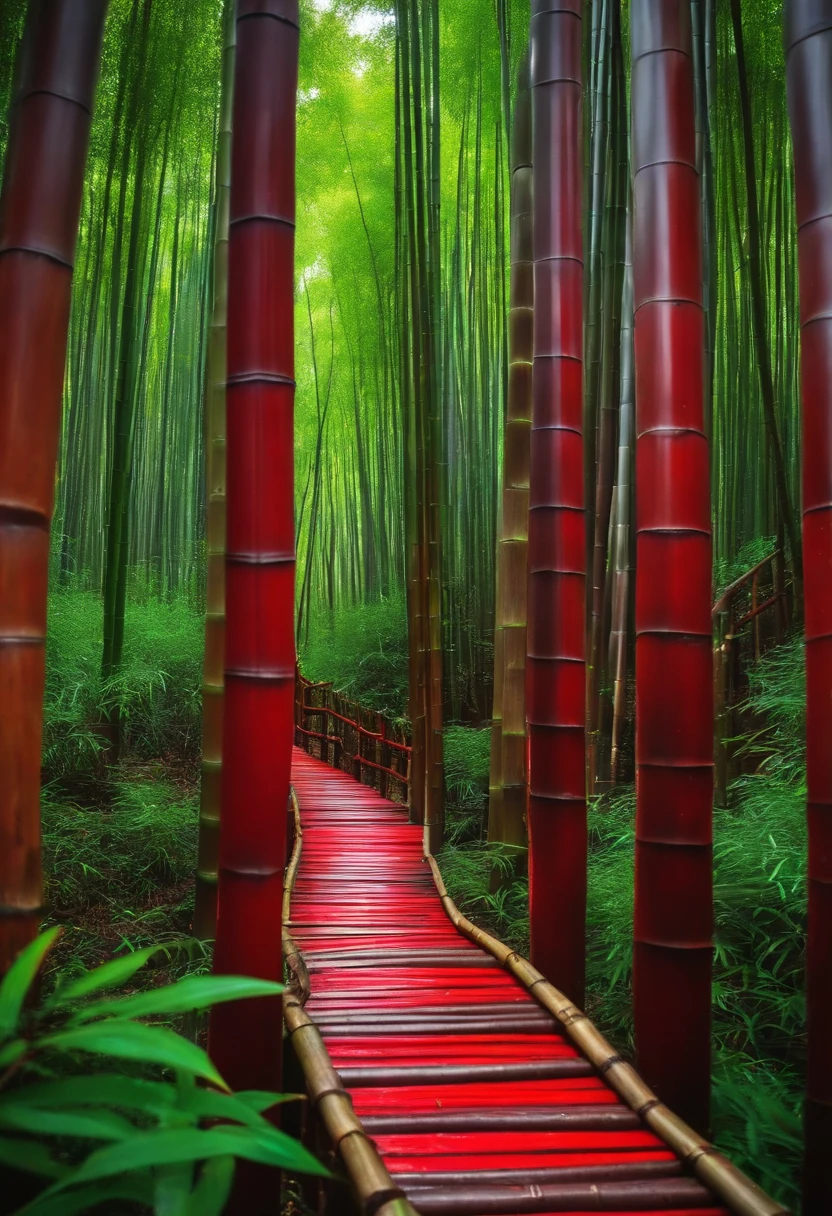 Mysterious bamboo forest,Deep winding path, make some a lot red pillar